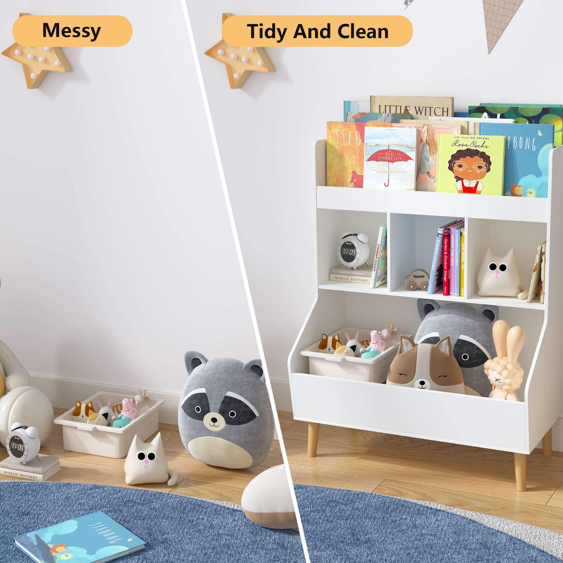 Toy Storage Organizer, Kids Bookshelf And Toy Storage With Legs, Multifunctional Storage Organizer, Children Bookcase For Kids Room, Living Room, Nursery,White White Solid Wood Mdf