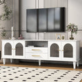 68.9'' Retro Tv Stand For Tvs Up To 75 Inches, Entertainment Center Media Console With Fluted Glass Doors And Five Solid Wood Legs For Living Room White 70 79 Inches Mdf