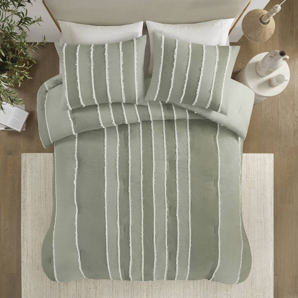 3 Piece Striped Cotton Comforter Set Sage King Cal King Sage Cotton