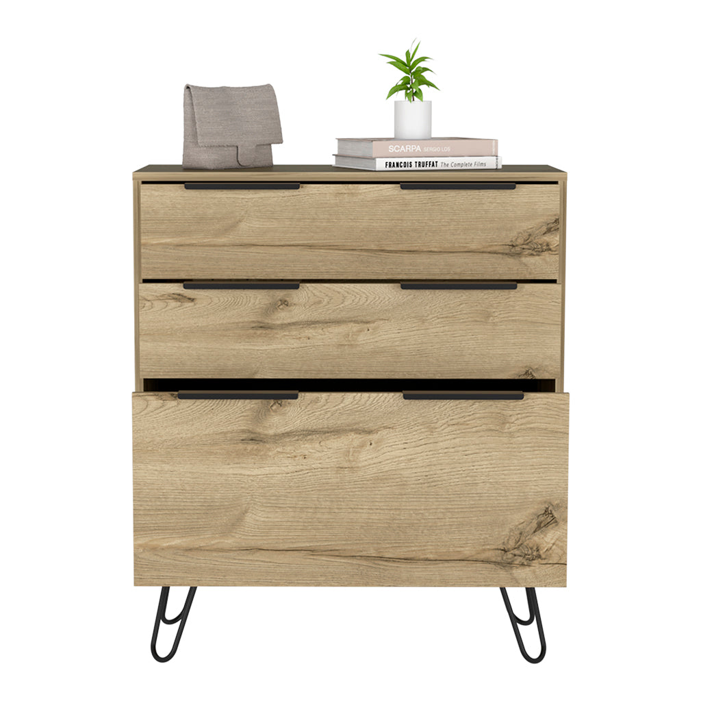 Augusta Dresser, Hairpin Legs, Three Drawers, Superior Top Light Oak Hinged Beige Drawer 2 Drawers Bedroom Ball Bearing Glides Modern 2 Or Less Particle Board Particle Board