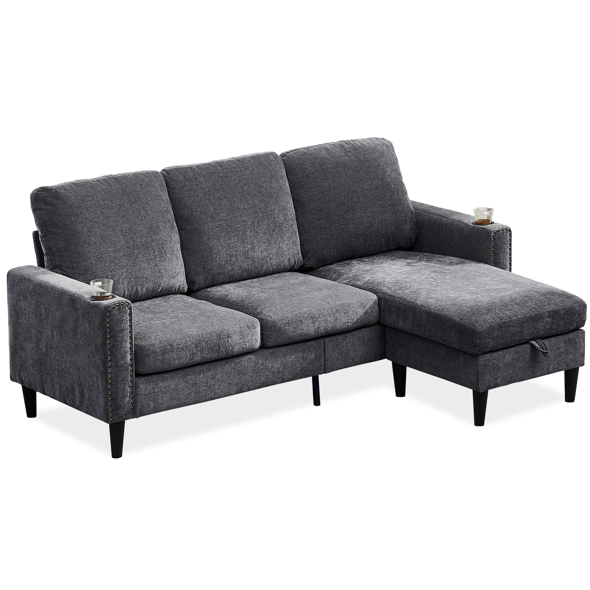 Modern Design Chenille 3 Seat L Shape Sectional Sofa With Storage Chaise For Apartment, Studio, Office,Living Room,L Shape Dark Grey Dark Gray Chenille Metal Primary Living Space Soft Modern Foam