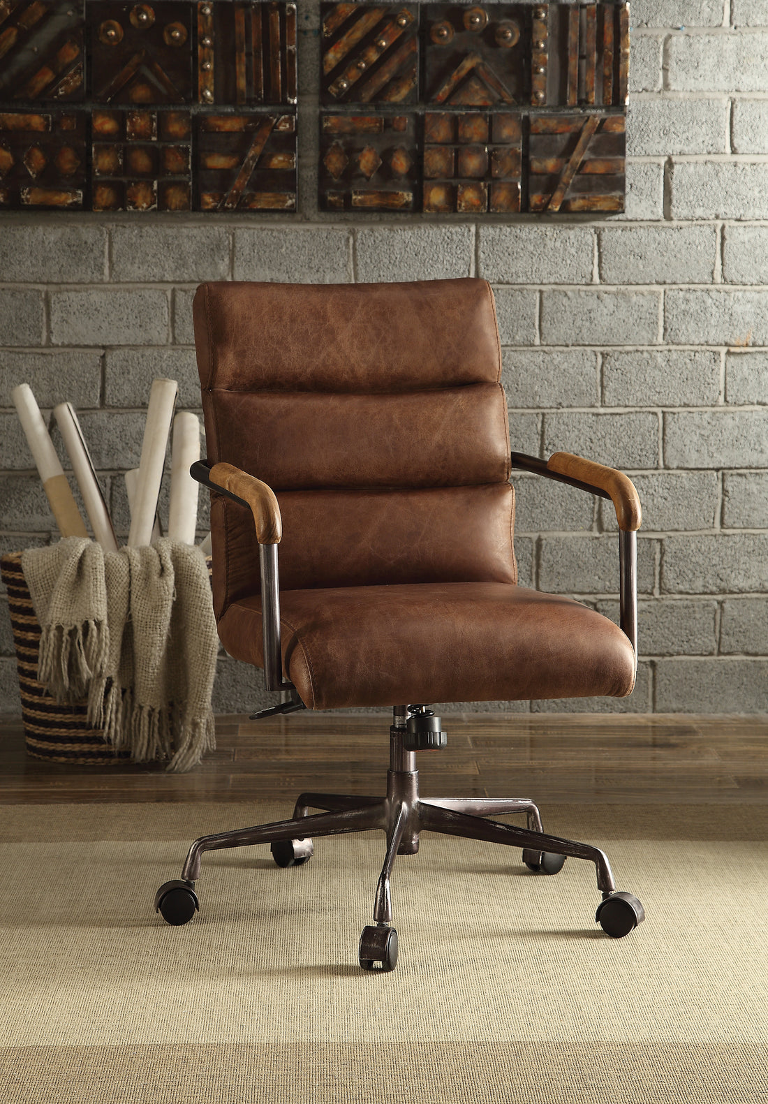Harith Retro Brown Top Grain Leather Office Chair Brown Leather