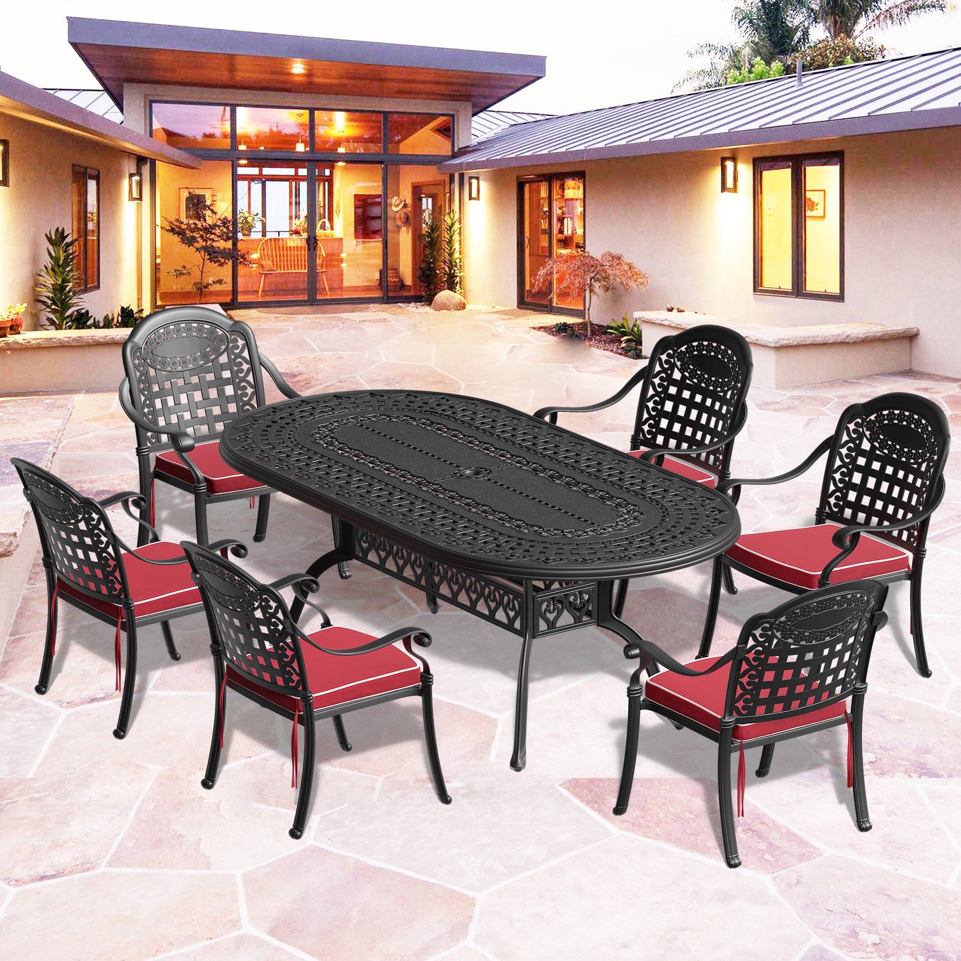 Cushions In Random Colors 7 Piece Set Of Cast Aluminum Patio Furniture With Cushions Yes Dining Set Black Seats 6 Rust Resistant Frame Water Resistant Cushion Garden & Outdoor Complete Patio Sets Aluminium