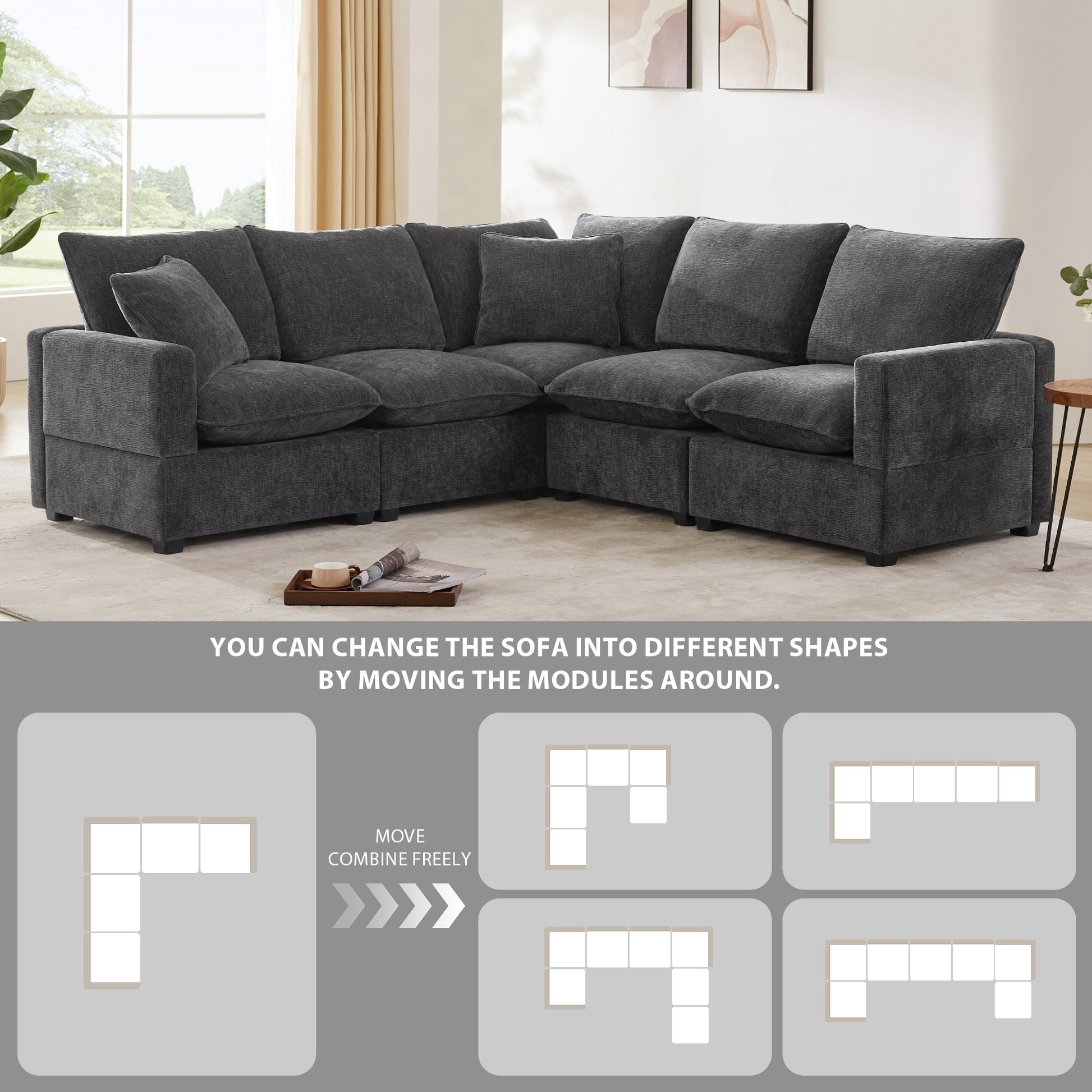 84*84" Modern L Shape Modular Sofa, 5 Seat Chenille Sectional Couch Set With 2 Pillows Included, Freely Combinable Indoor Funiture For Living Room, Apartment, Office, 2 Colors Black Grey Chenille 5 Seat