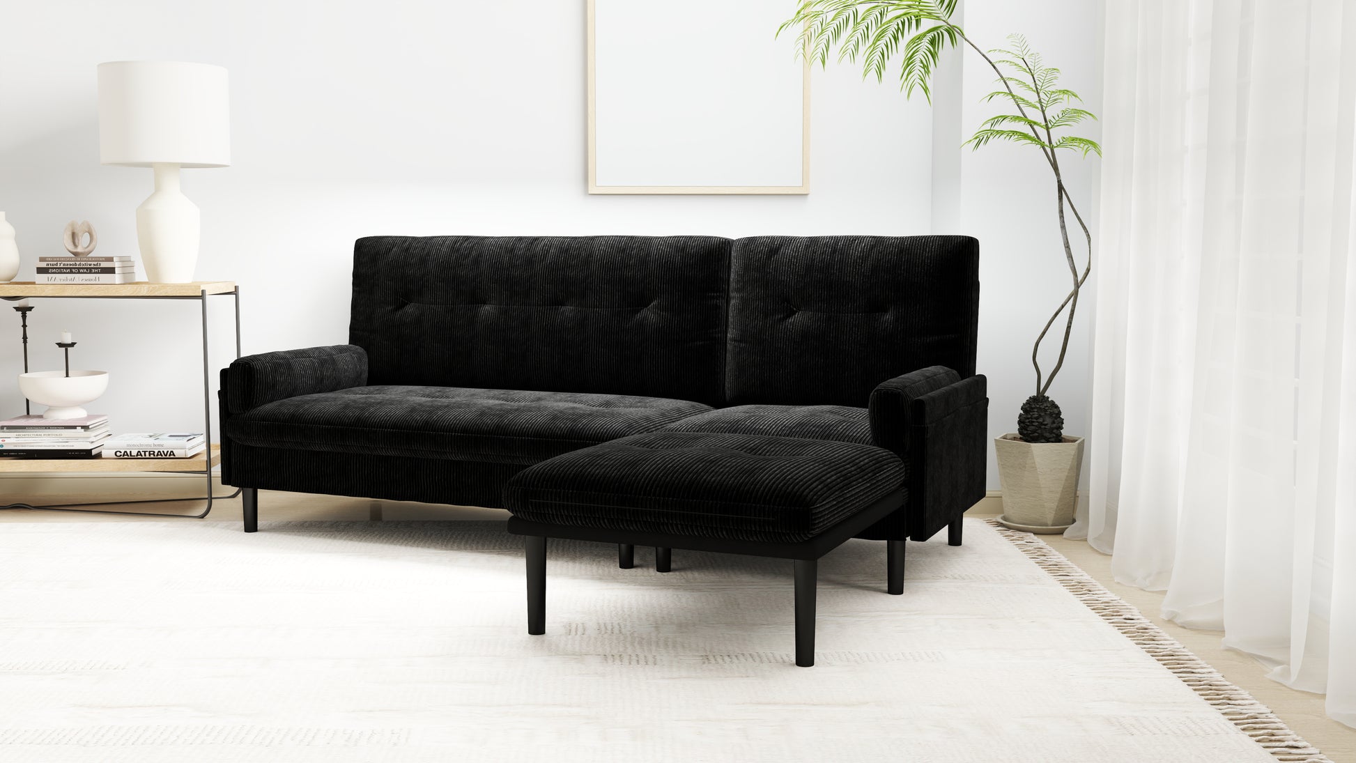 Black Corduroy Sectional Sofa: Convertible 3 Seaters Sofa, L Shaped Sofa, And Bed Black Velvet Metal Primary Living Space Medium Soft Loose Back Pillow Top Arms Foam Fabric Metal 3 Seat