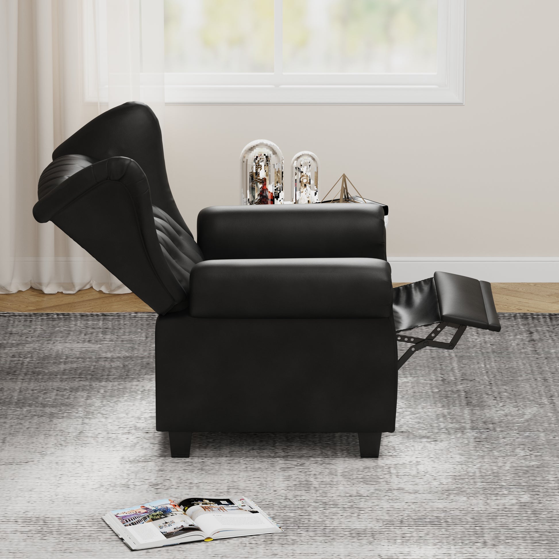 Modern Tufted Push Back Armchair Technical Leather Chair, Adjustable Single Sofa Chair With Sturdy Wood Legs For Bedroom, Living Room, Small Space Color:Black Black Primary Living Space Mid Century