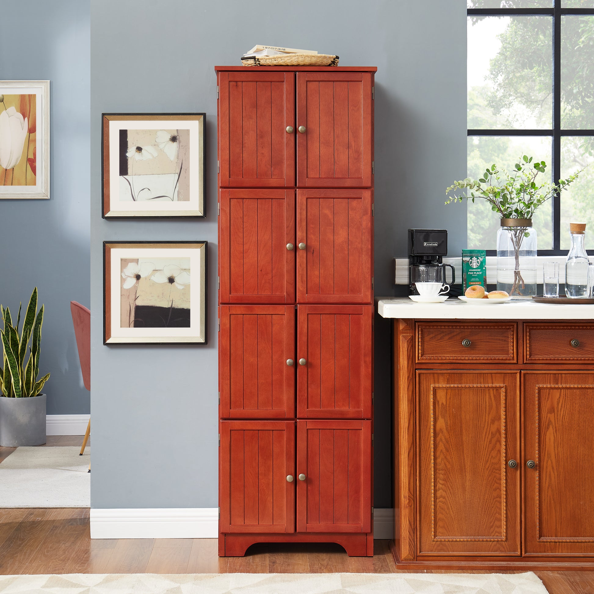 72.4" Tall Storage Cabinet Tall Storage Cabinet With 8 Doors And 4 Shelves ,Bookshelf Living Room, Kitchen, Dining Room, Office Freestanding Storage Cabinet,Cherry Cherry Mdf