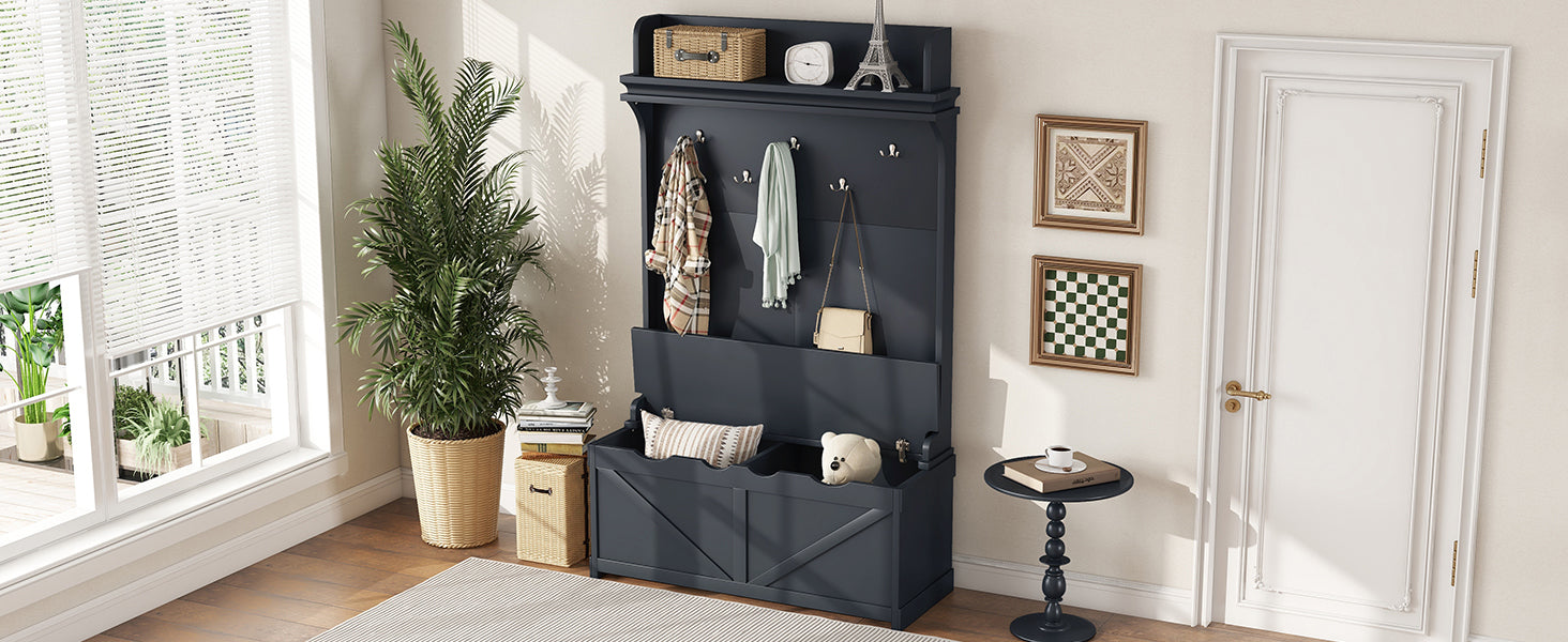 Hall Tree With Storage Bench, Entryway Bench With Drawer And 5 Hooks, Coat Rack With Display Shelf For Hallway Entryways, Dark Blue Dark Blue Particle Board Mdf