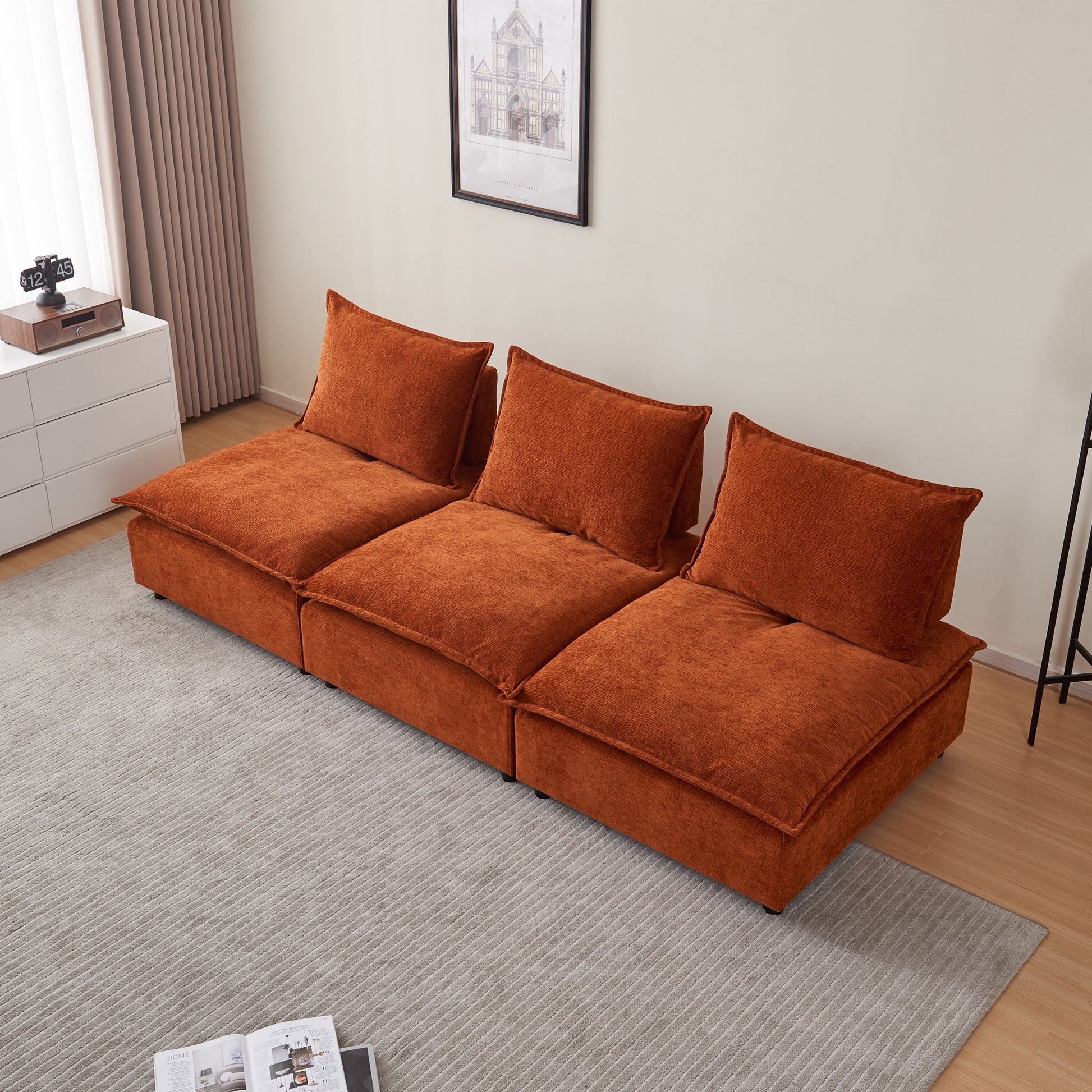 Modern Armless Accent Chair, Single Sofa Couch With Ottoman Compact Design, Space Saving Seating For Living Room, Bedroom, Apartment, Office Orange Wood Medium Soft Foam Chenille 1 Seat