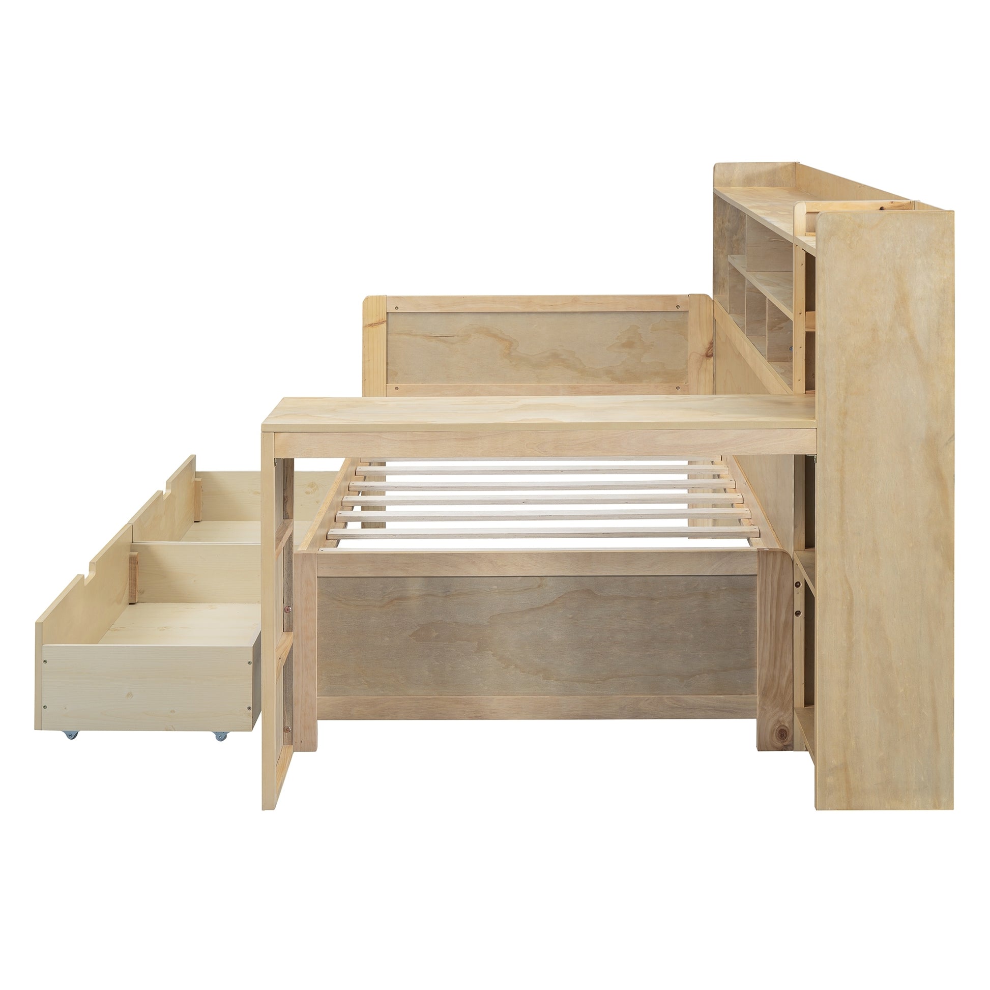 Wooden Twin Size Daybed With Storage Shelves, Multi Functional Bed With Two Storage Drawers And Study Desk, Natural Twin Natural Wood