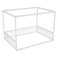 Full Size Canopy Frame Floor Bed With Fence, Guardrails,White Full White American Design Pine