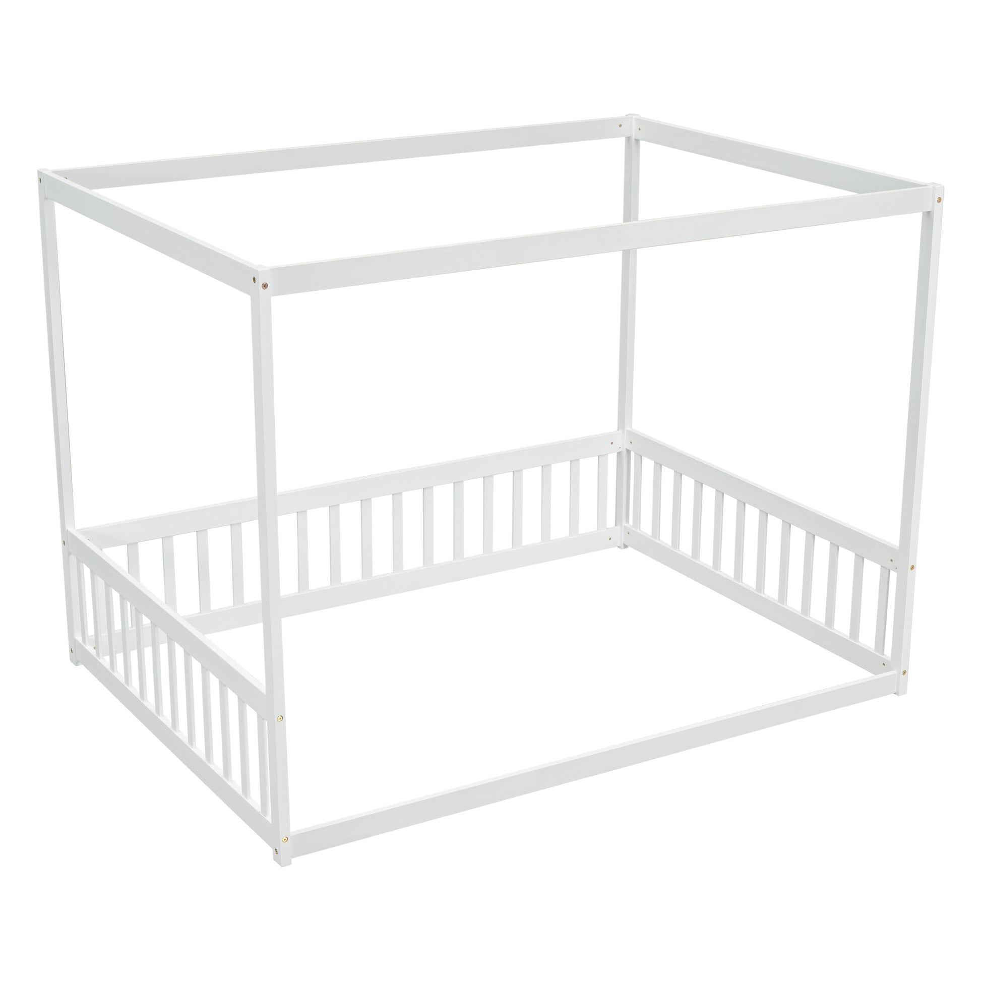 Full Size Canopy Frame Floor Bed With Fence, Guardrails,White Full White American Design Pine