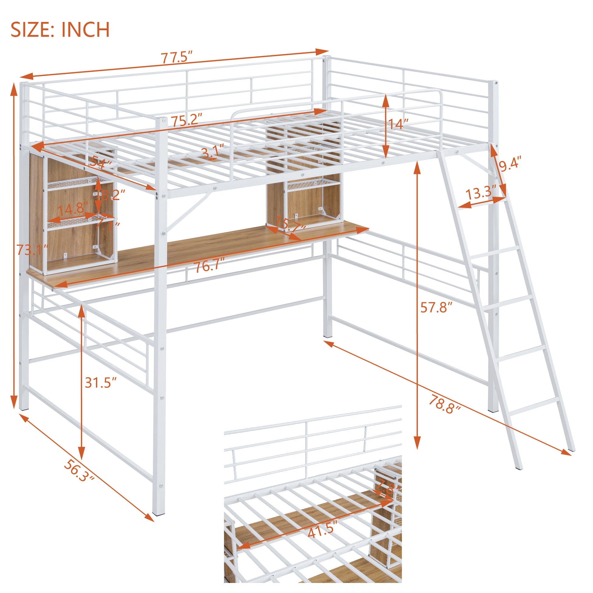 Full Size Loft Bed With Desk And Shelf, Loft Bed With Ladder,Full,White Full White Metal