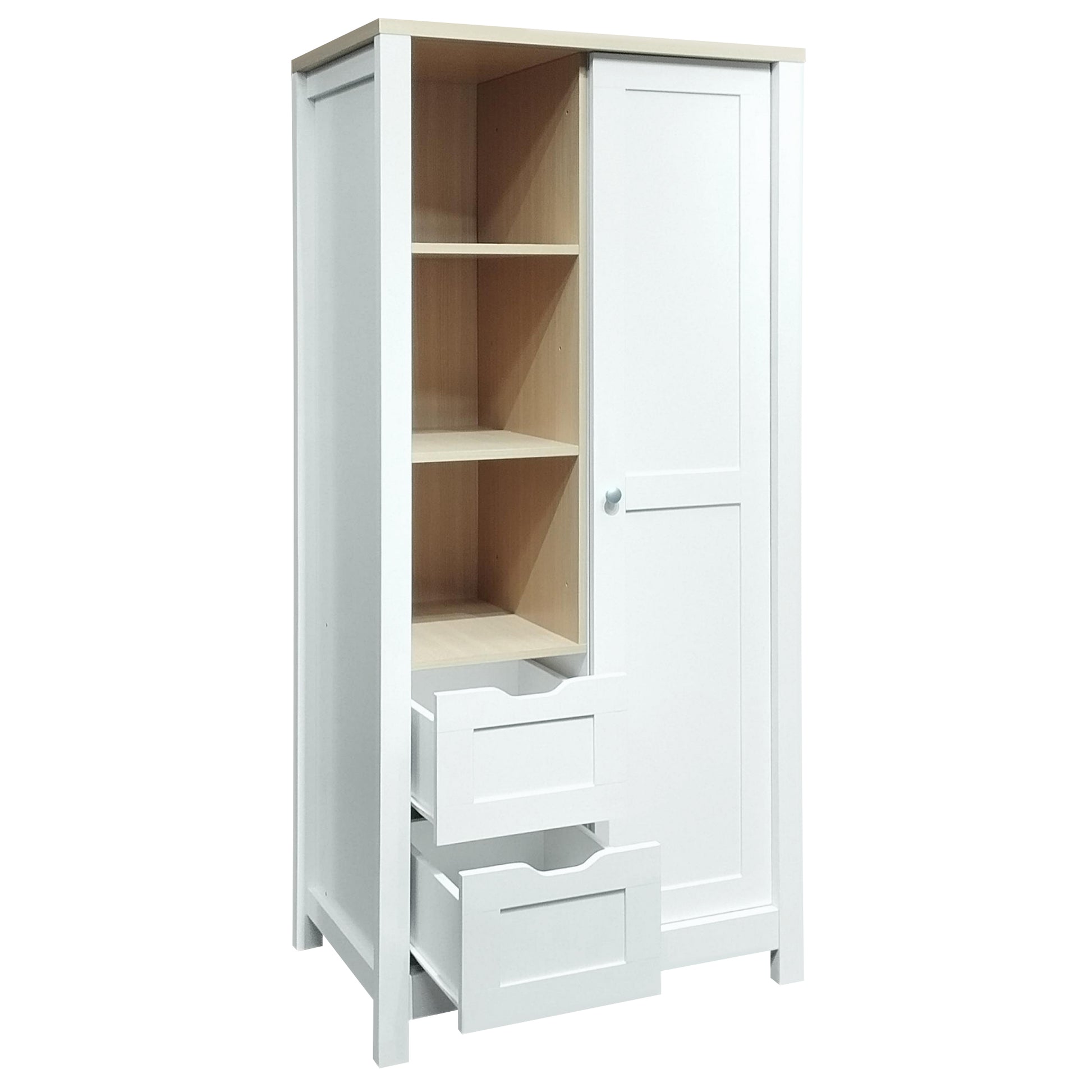 Bedroom Storage Wardrobe With Hanging Rods And 2 Drawers And Open Shelves,Sliding Door,White White Mdf