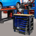 12 Layer Drawer Multi Purpose Tool Car, With Wheels, Wooden Countertops Black Blue Steel