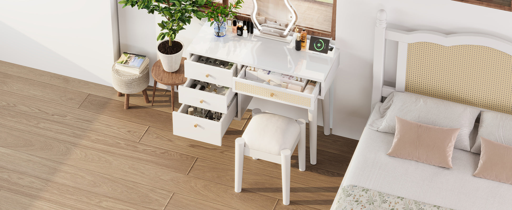 39" Retro Bohemian Style Wooden Makeup Vanity Set With Charging Plug&Usb Port And Stool, Dressing Table With 3 Storage Drawers And 1 Rectangular Rattan Drawer, White White 4 Drawers Wood