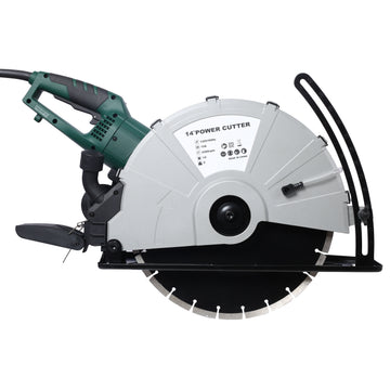 Portable 14" Wet Dry Electric Corded Circular Concrete Saw Power Angle Cutter 2600W W Water Line & Guide Roller With Blade Etl Certificate. Green Steel