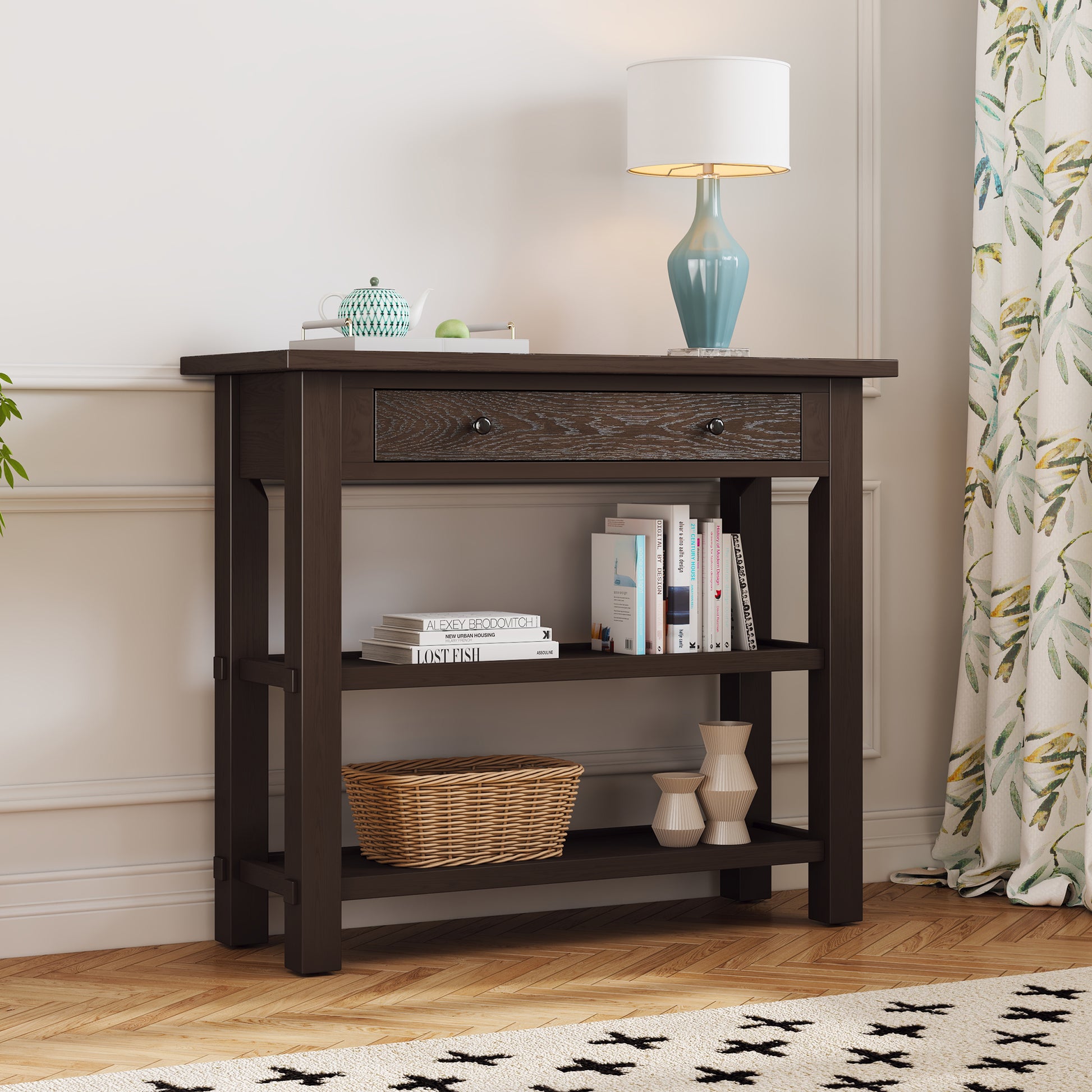 Retro Console Table With Drawer And Two Sturdy Shelves For Entryway, Living Room Espresso Espresso Mdf,Rubber Wood