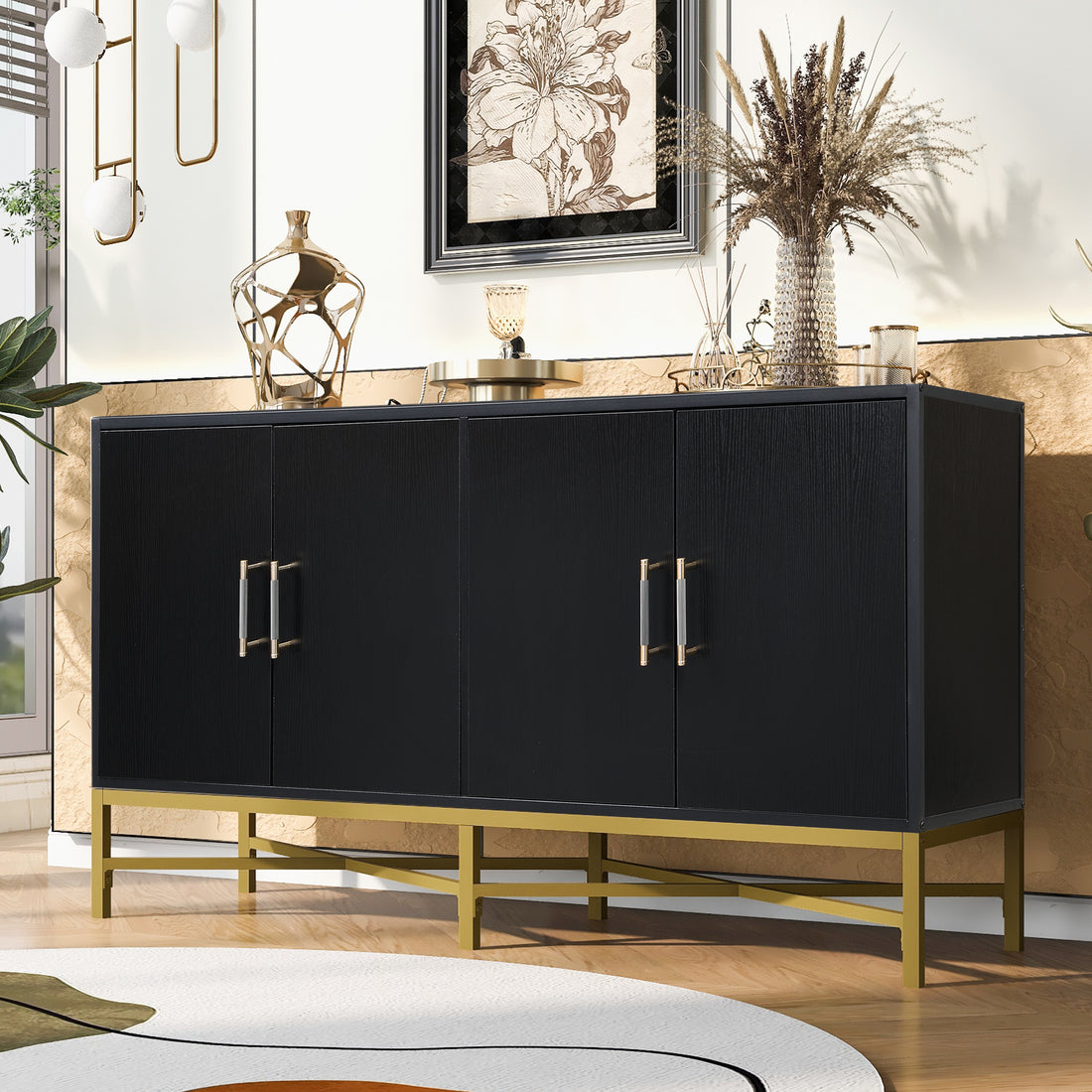 Distinctive Features Of Four Door Sideboard With Metal And Cross Leg Design,Suitable For Living Rooms,Entrance And Study Black American Design Mdf