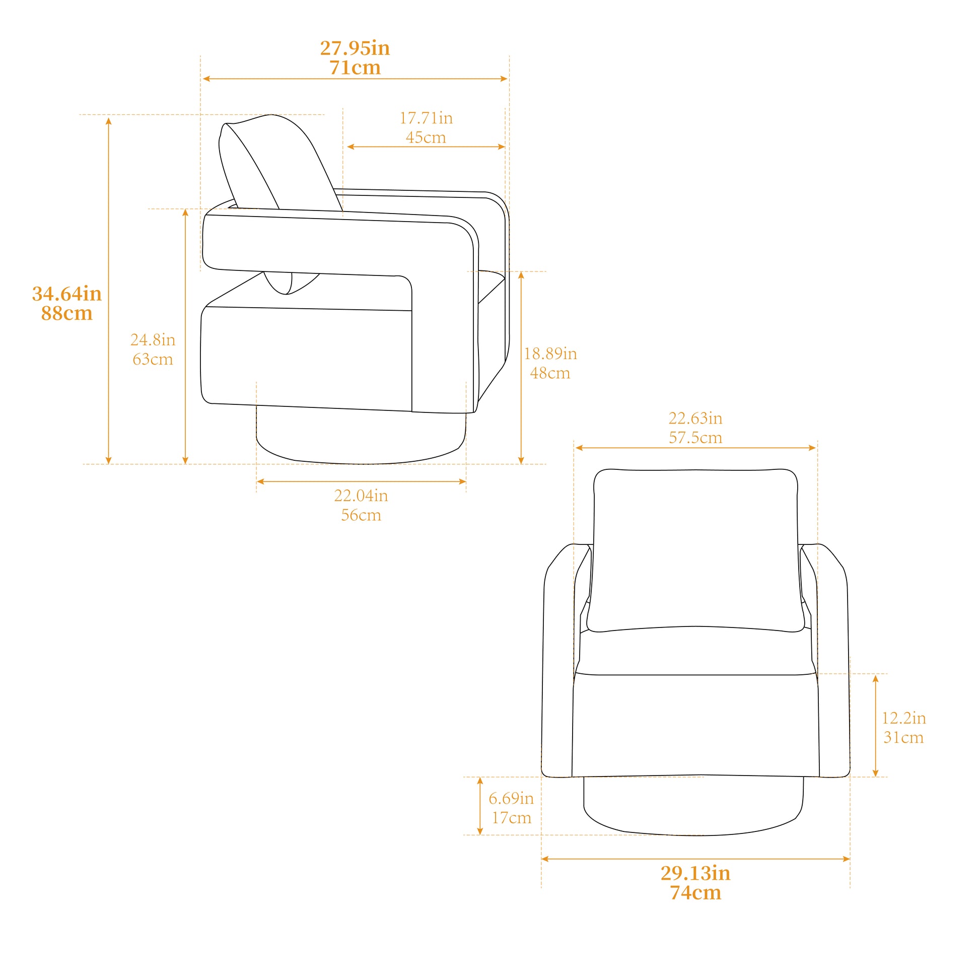 29.13" W Square Swivel Accent Chair, Modern Rotating Arm Chair With Open Back,360 Degree Rotation, Lounge Club Chair With Removable Back Cushion For Living Room, Hotel, Bed Room,Charcoal Charcoal