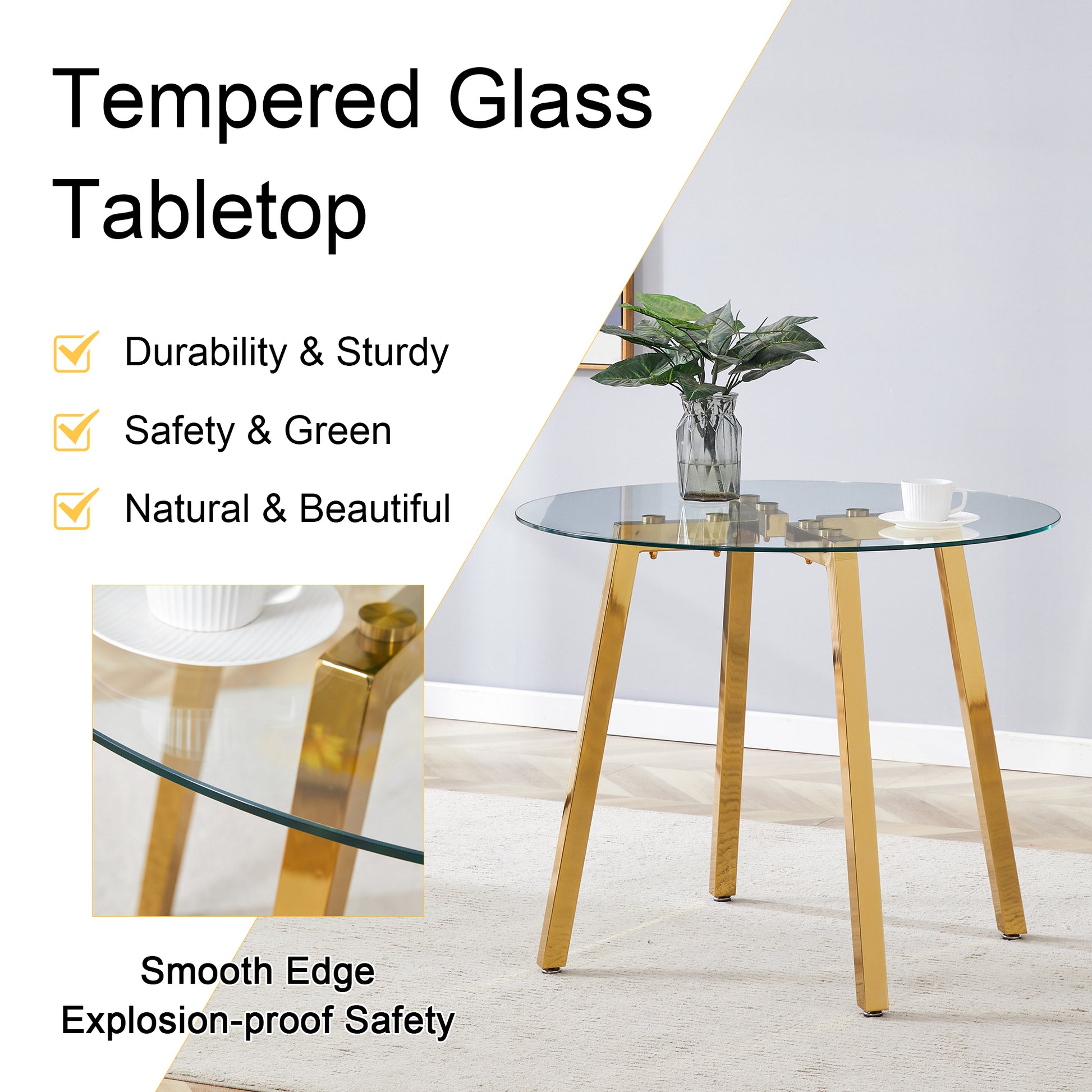 Modern Luxurious Round Tempered Glass Dining Table With Gold 7 Shaped Metal Legs,Suitable For Family Meals, Office Conferences, Or As A Casual Coffee Table For Various Occasions.36*36*29.5 Gold