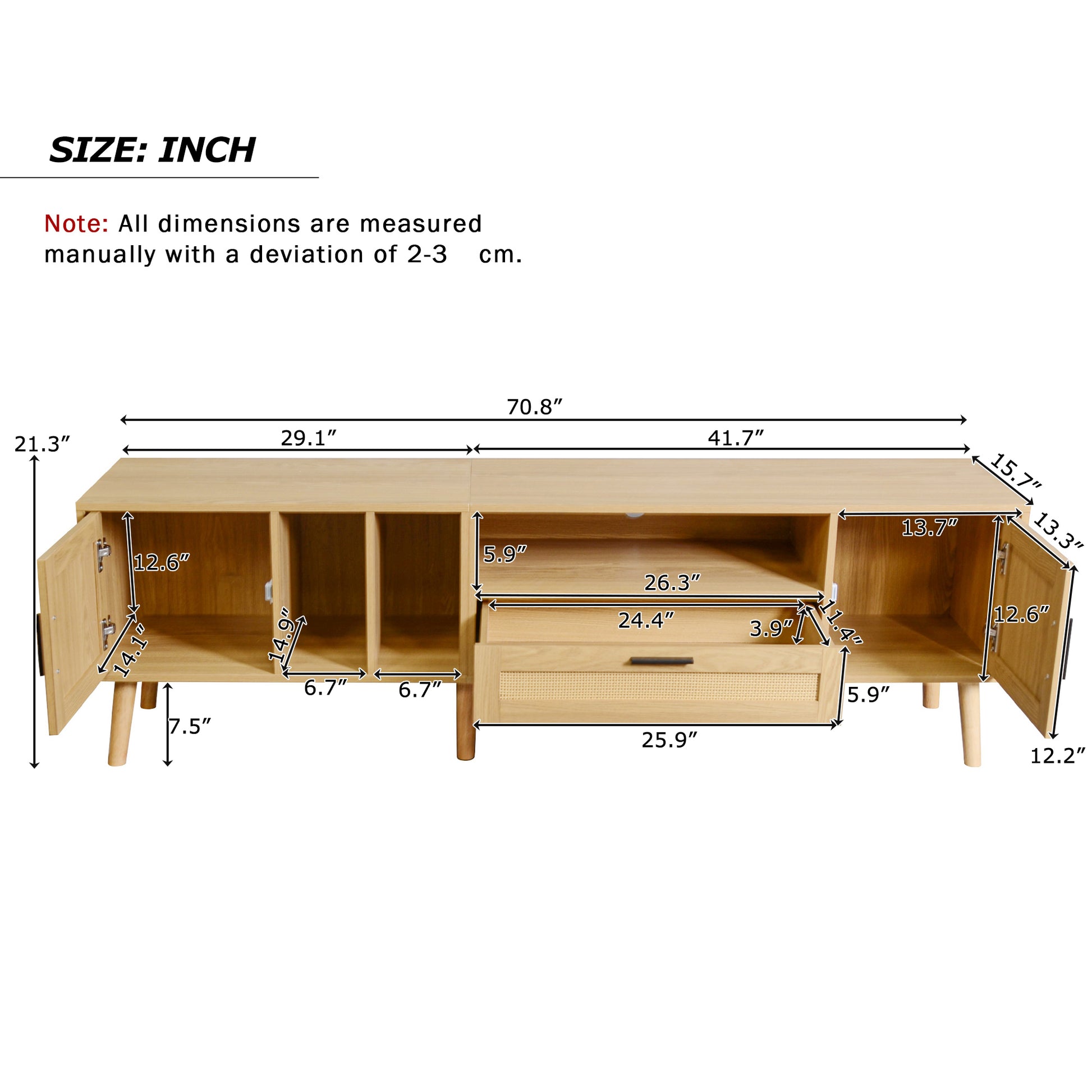 Rattan Tv Stand With 2 Cabinets & 2 Open Shelves, Rattan Inspired Media Console Table For Tvs Up To 80'', Entertainment Center With Solid Wood Legs, Tv Cabinet For Living Room, Bedroom, Home Theatre Natural Wood Primary Living Space 60 69 Inches 60 69