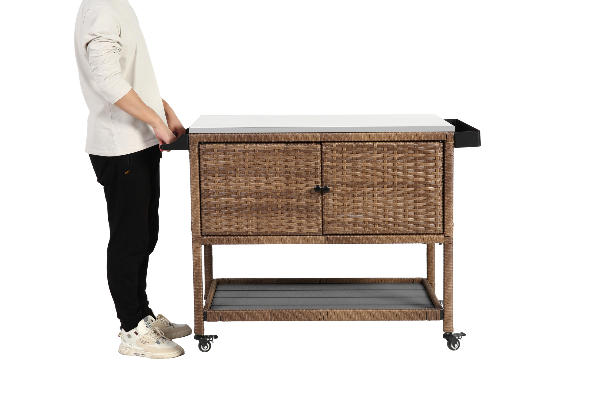 Outdoor Wicker Bar Cart, Patio Wine Serving Cart W Wheels, Rolling Rattan Beverage Bar Counter Table W Glass Top For Porch Backyard Garden Poolside Party, Brown No Brown Garden & Outdoor Steel