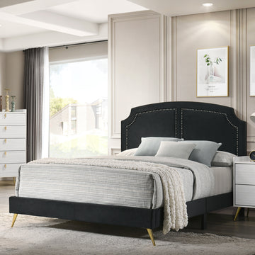 Black Eastern King Platform Bed With Metal Leg Box Spring Required King Black Wood Bedroom Contemporary Panel Velvet Wood Fabric