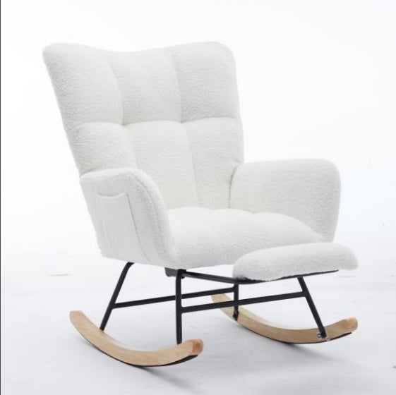 Modern Nursery Rocking Chair, Upholstered Glider Chair With High Backrest, Rocker Accent Armchair With Solid Wood Legs For Nursery Bedroom Living Room White White Teddy