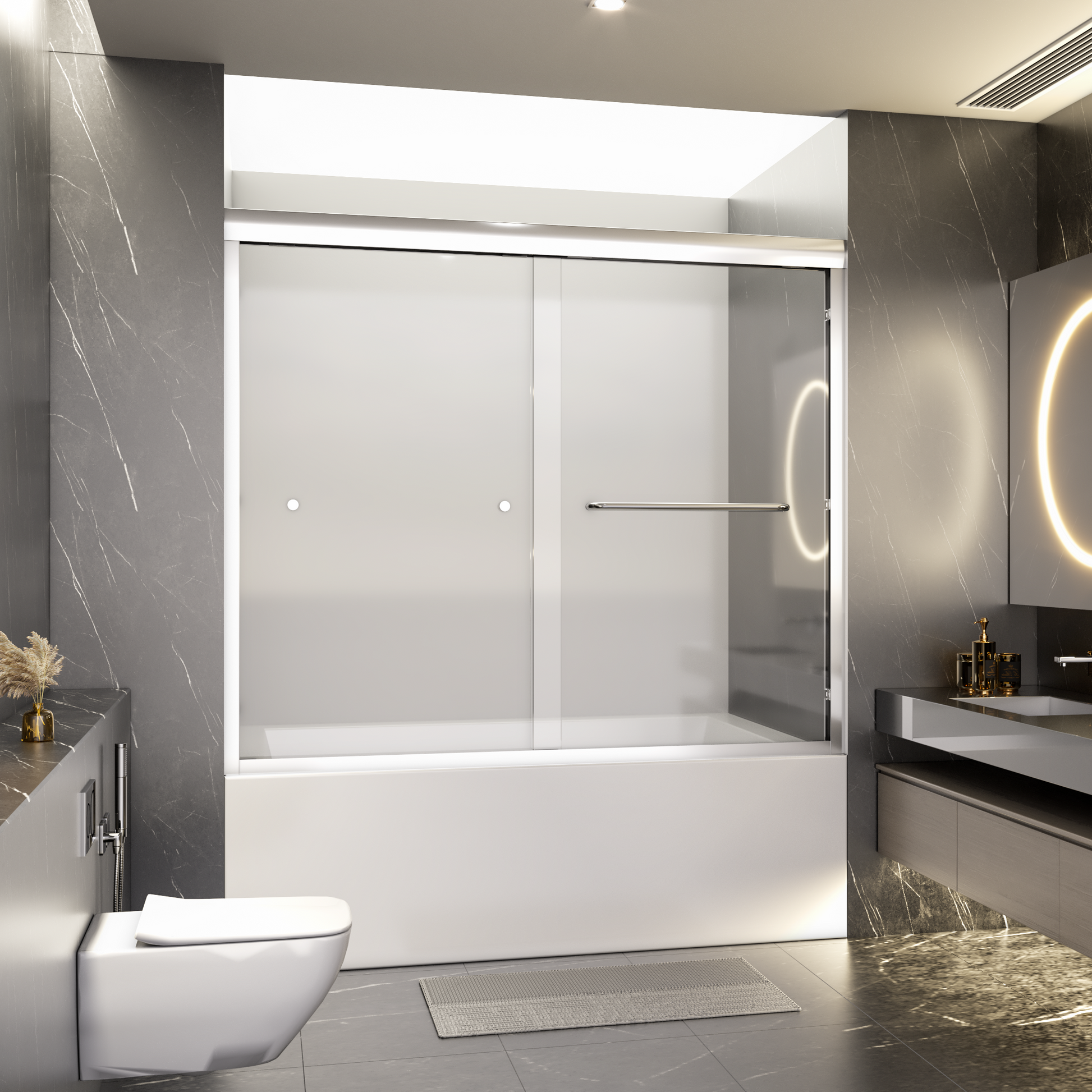 56" 60"W*58" H Semi Frameless Double Sliding Tub Door, Bypass Bathtub Shower, 1 4" 6Mm Thick Sgcc Tempered Glass Door, Chrome Chrome Glass Metal