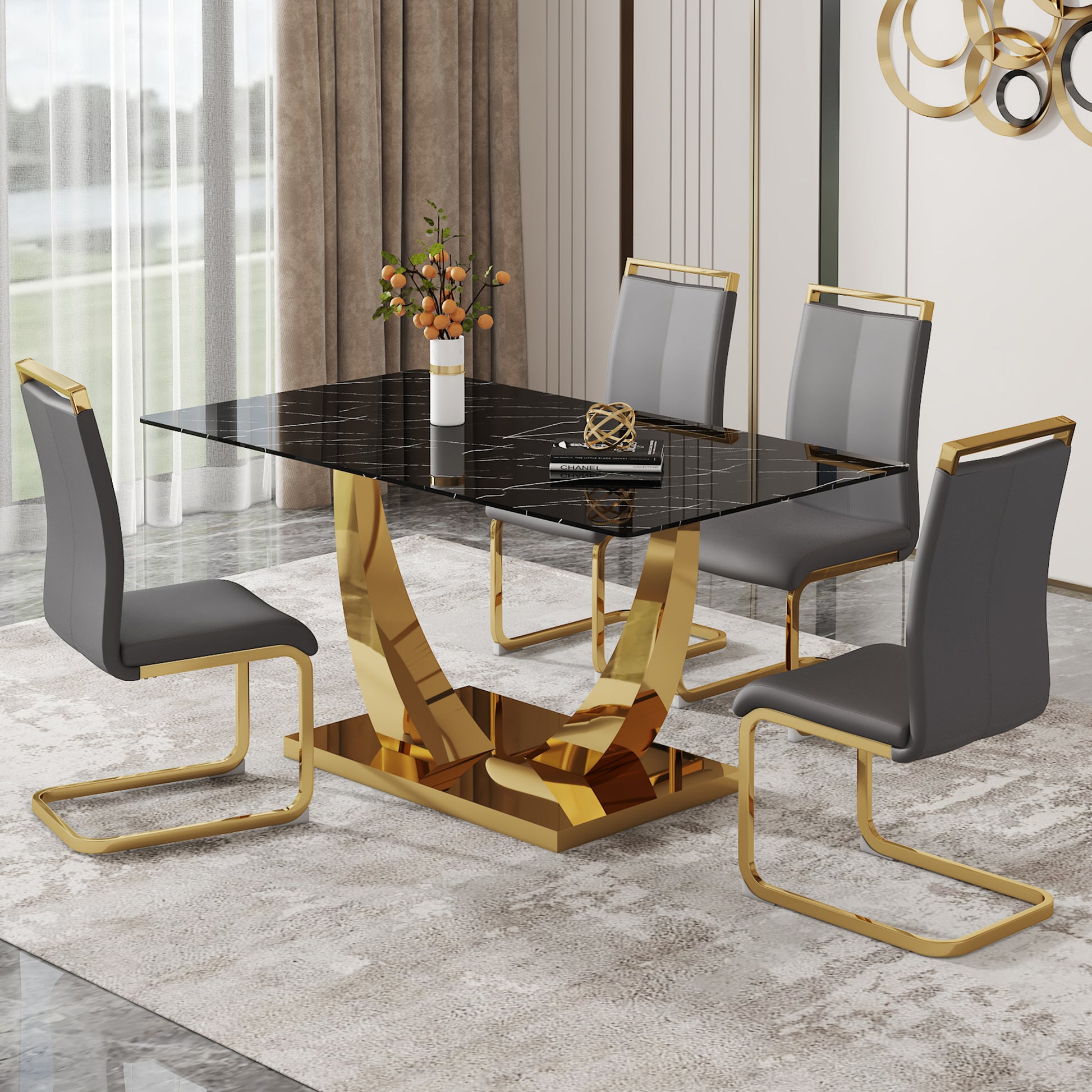 Table And Chair Set.Modern Rectangular Dining Table With Black Textured Stickers Glass Tabletop And Gold Plated Metal Legs.Paried With 4 Comfortable Chairs With Pu Seats And Golden Metal Legs. Dark Gray,Gold Seats 4 Glass Metal