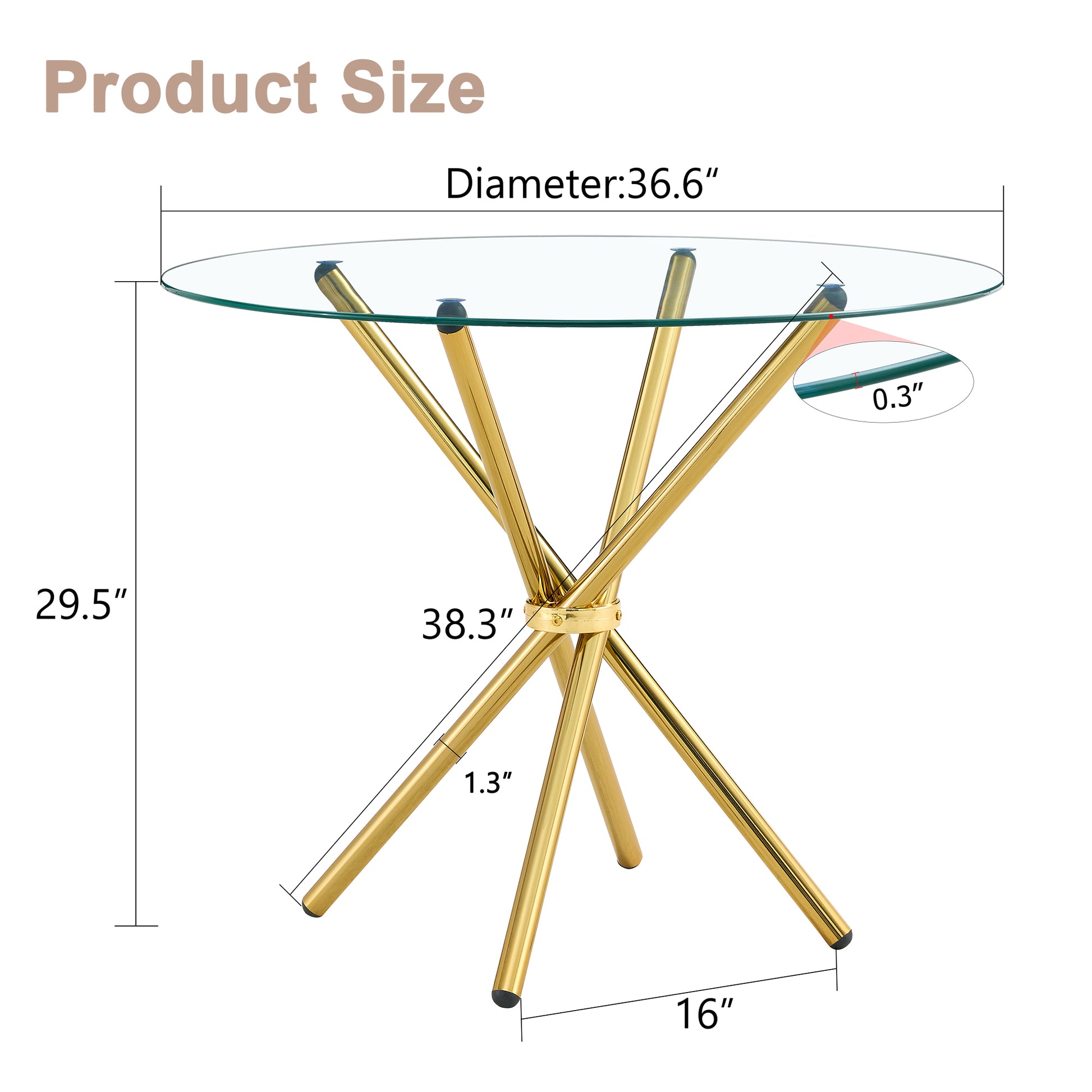 Round Clear Glass Dining Table With A Unique Shape For 4 6 People, With Ring Shaped Gathered Gold Metal Legs, Suitable For Desks, Kitchens, Terraces, Dining Rooms. Gold Glass Metal