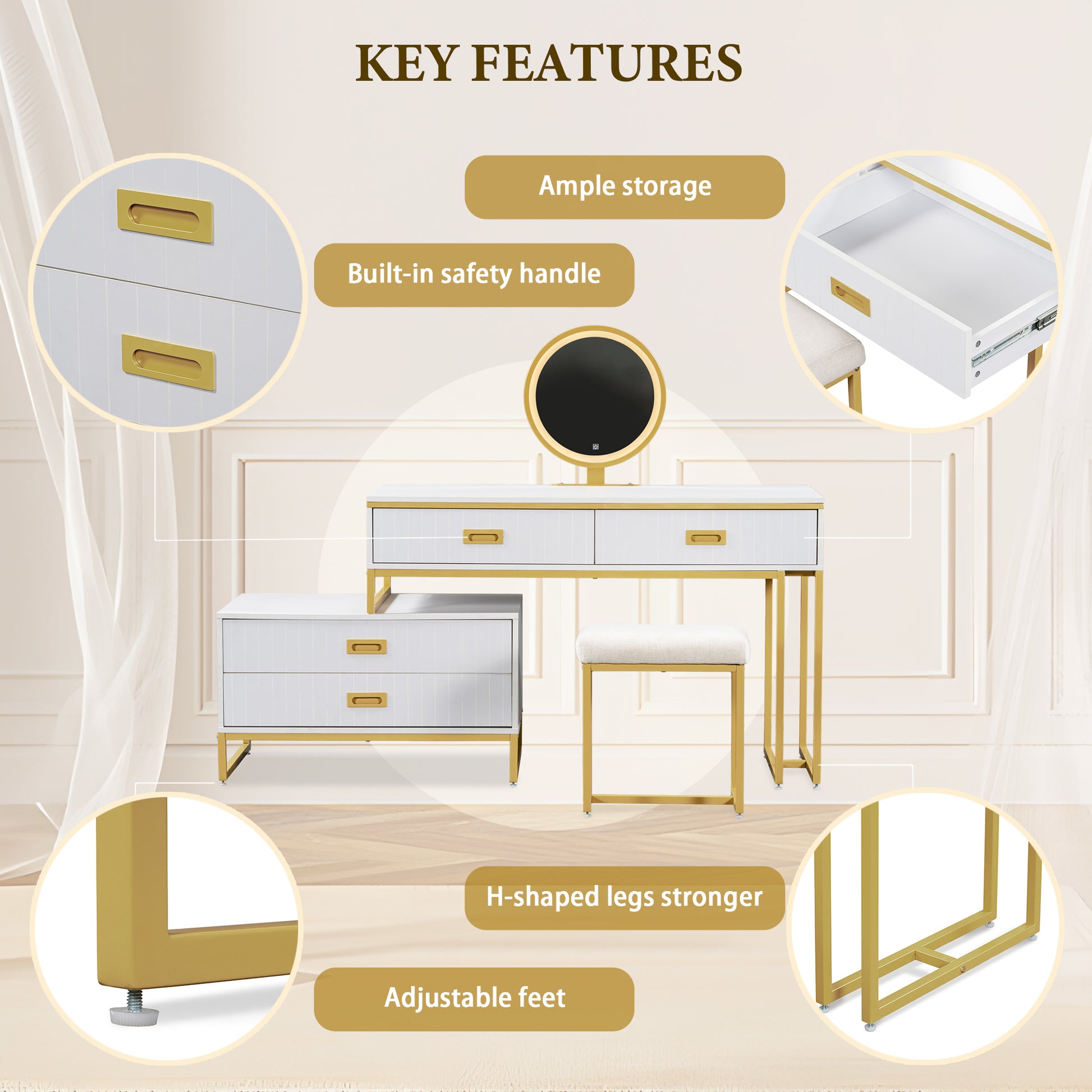 Modern Style Vanity Table With Movable Side Cabinet And 4 Drawers, Large Size Dressing Table With Mirror And 3 Colors Led Light, Makeup Table With Stool, White, Lden Legs Gold White 4 Drawers Mdf Metal