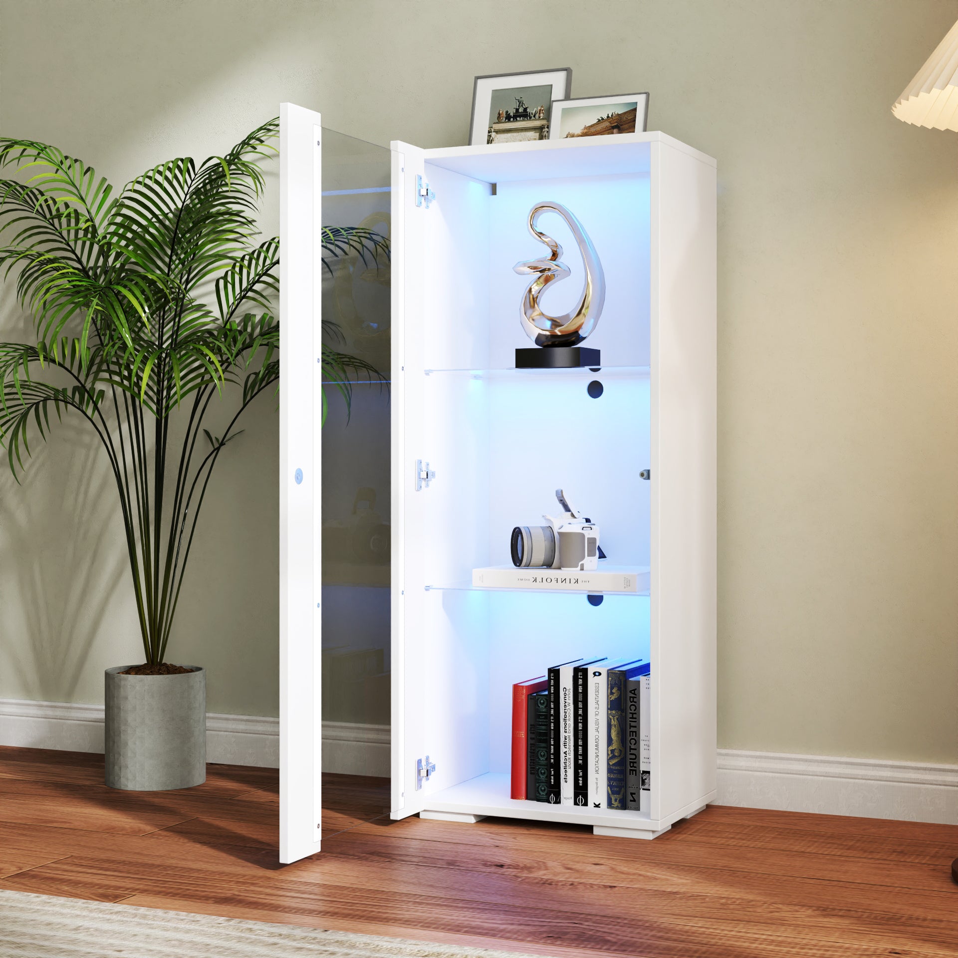 Storage Cabinets With Aluminum Strip Lamp,With Glass Shelves, For Living Room Bedroom Office White Particle Board Mdf
