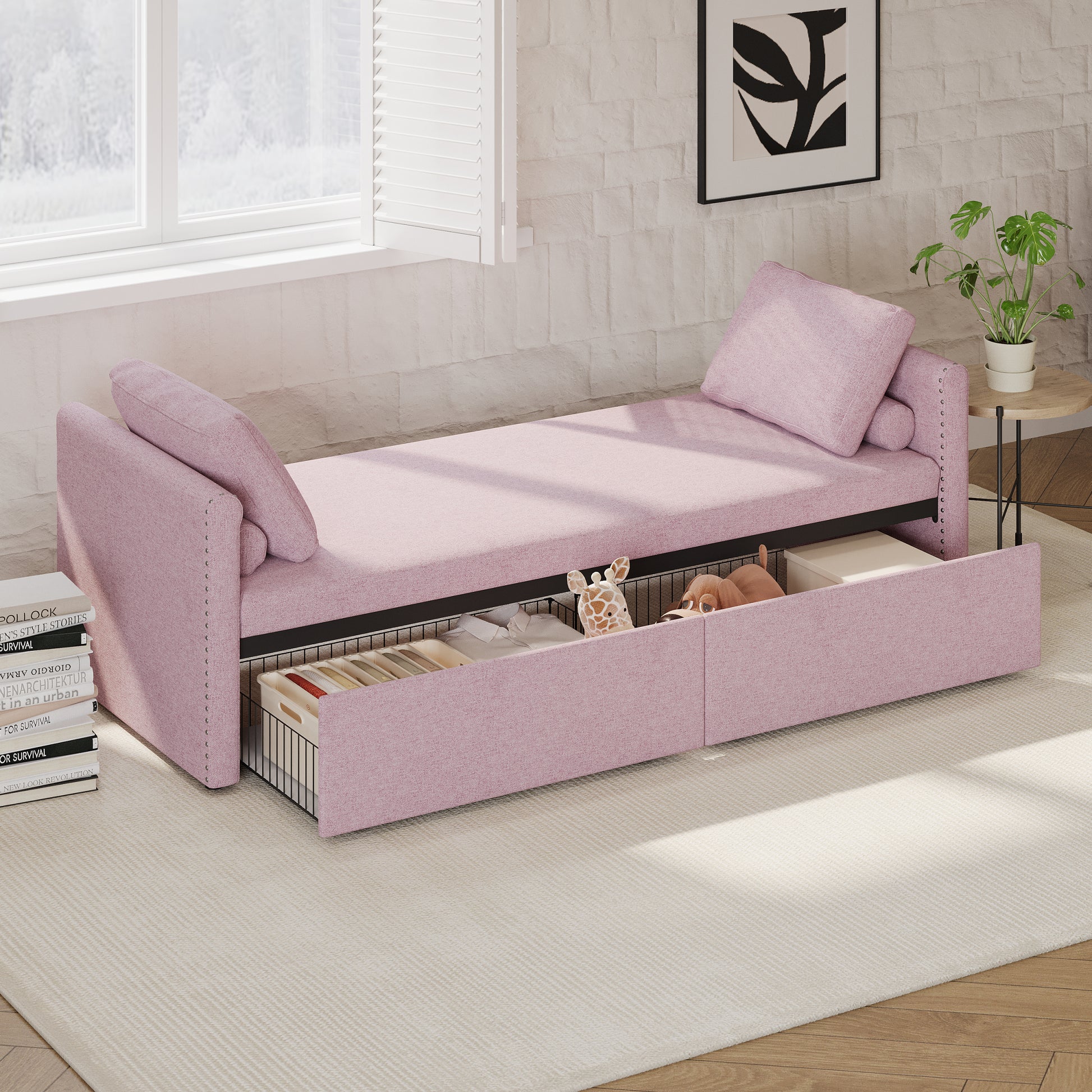 Modern Upholstered Chaise Lounger Daybed Small Single Daybed With 2 Drawers, No Mattress Needed, Perfect For Living Rooms & Home Office, Linen Fabric, Pink Pink Linen