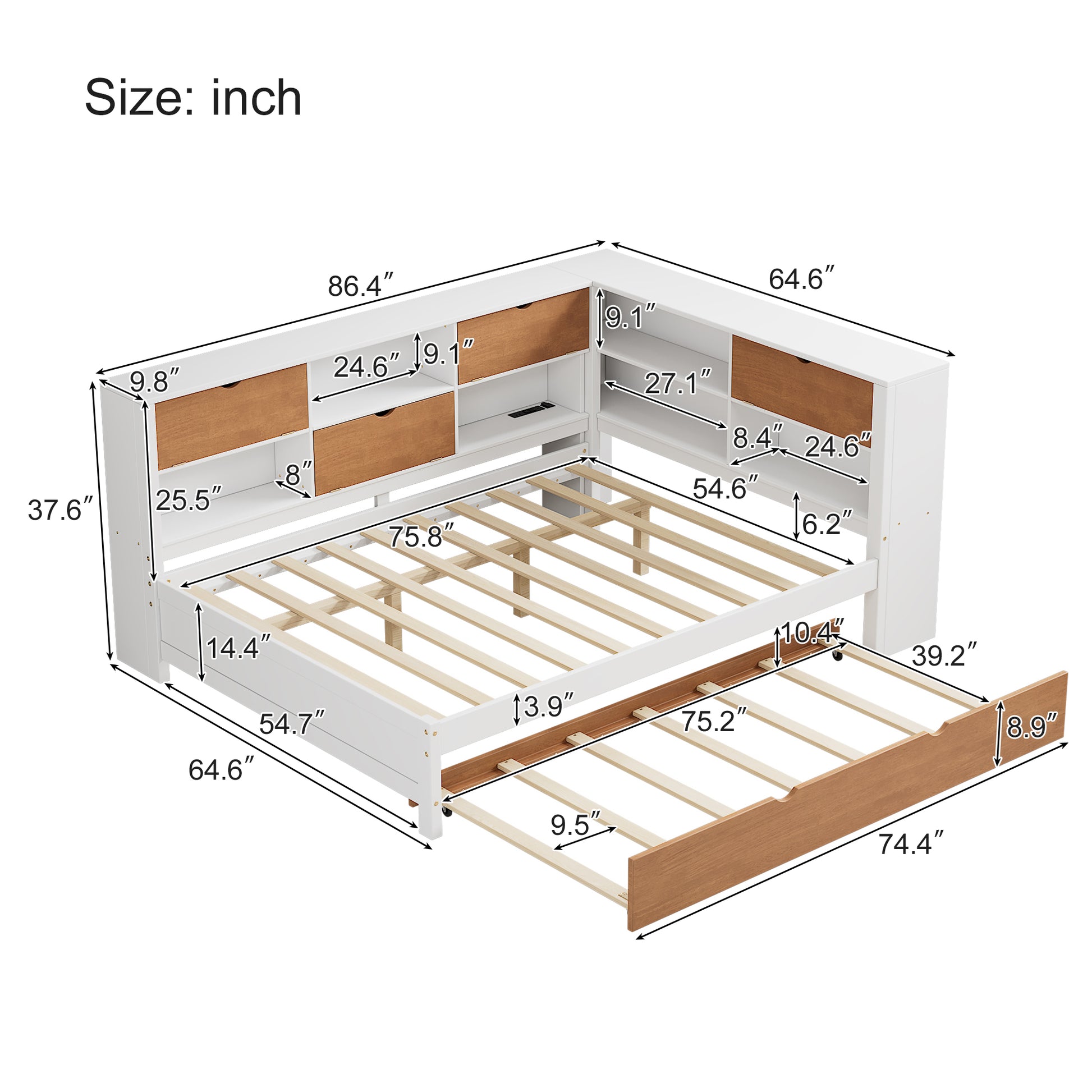 L Shaped Bed Frame With Trundle And And Bookcase,Corner Bed Wooden Captain Bed With Led Downlight And Usb Port For Small Room,Bedroom, Guest Room, Full Size, Walnut And White Box Spring Not Required Full White Walnut Wood Bedroom Modern Pine Bed Frame