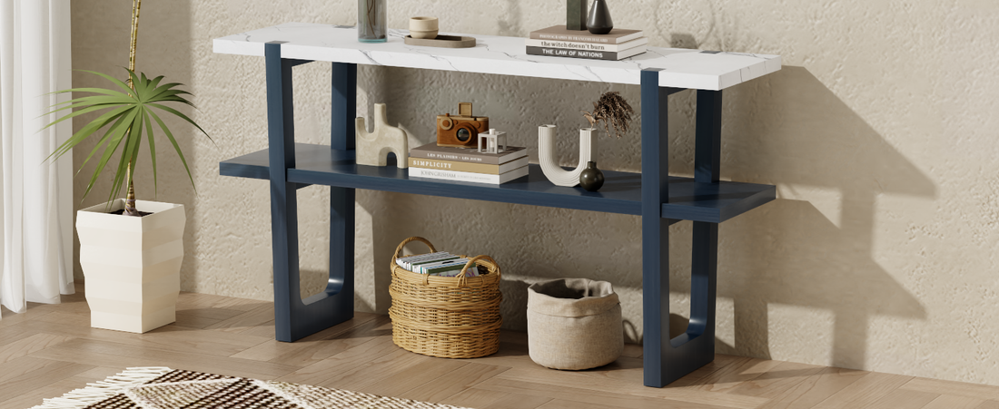 Retro Elegant Console Table With Marble Effect Top And Versatile Storage Solutions For Entryway And Living Room Navy Navy Solid Wood Mdf