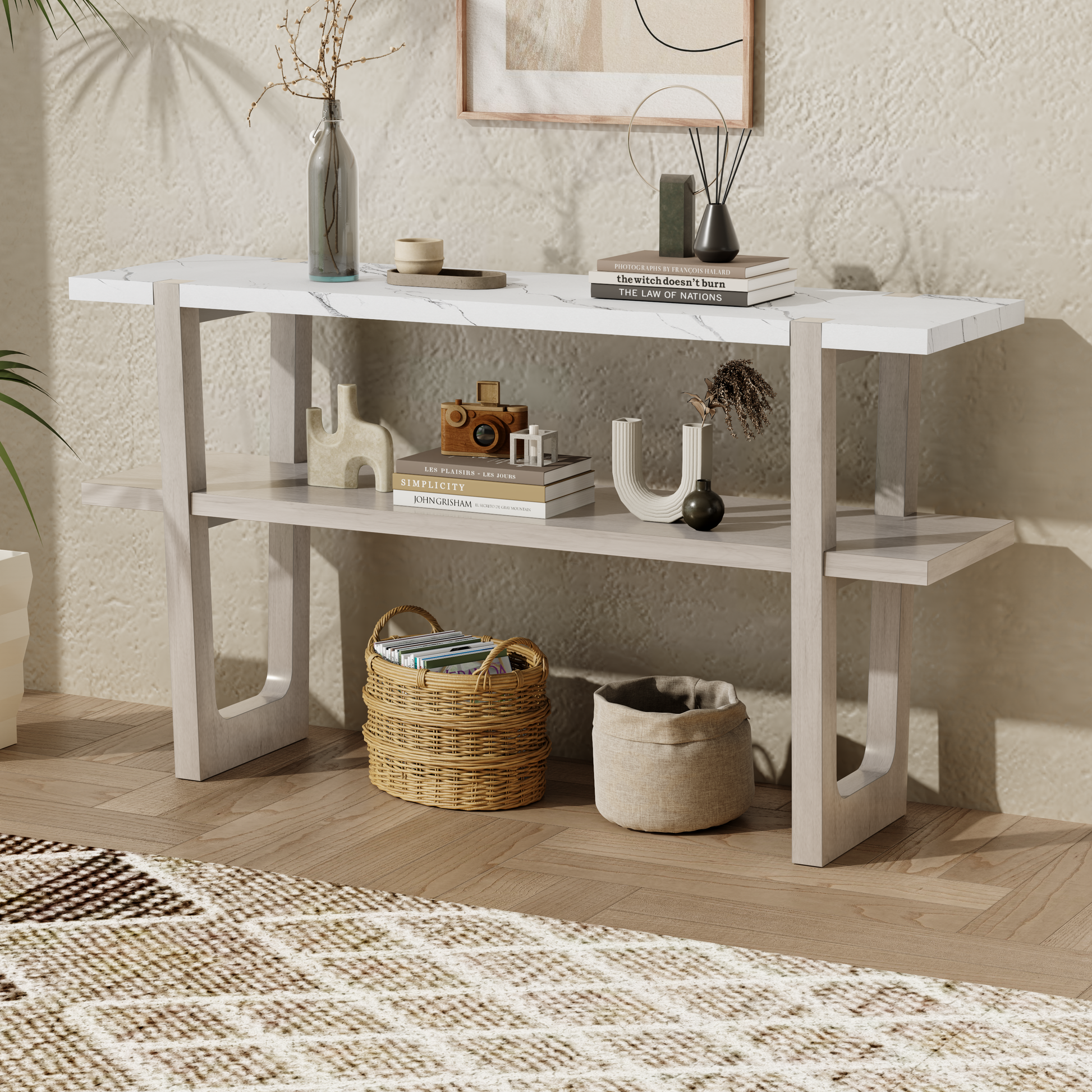 Retro Elegant Console Table With Marble Effect Top And Versatile Storage Solutions For Entryway And Living Room Gray Wash Gray Wash Solid Wood Mdf