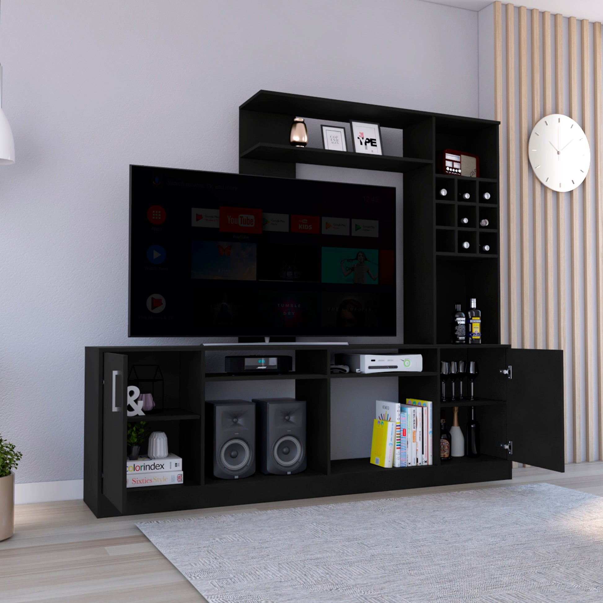 Entertainment Center For Tv S Up 78", Double Door Cabinet, Storage Spaces, Six External Shelves, Black Black 60 69 Inches Solid Wood Mdf Engineered Wood