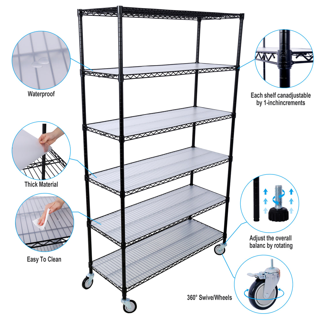6 Tier 6000Lbs Capacity Nsf Metal Shelf Wire Shelving Unit, Heavy Duty Adjustable Storage Rack With Wheels & Shelf Liners For Commercial Grade Utility Steel Storage Rack, Black 84"H X 48"L X 20"D Black Metal