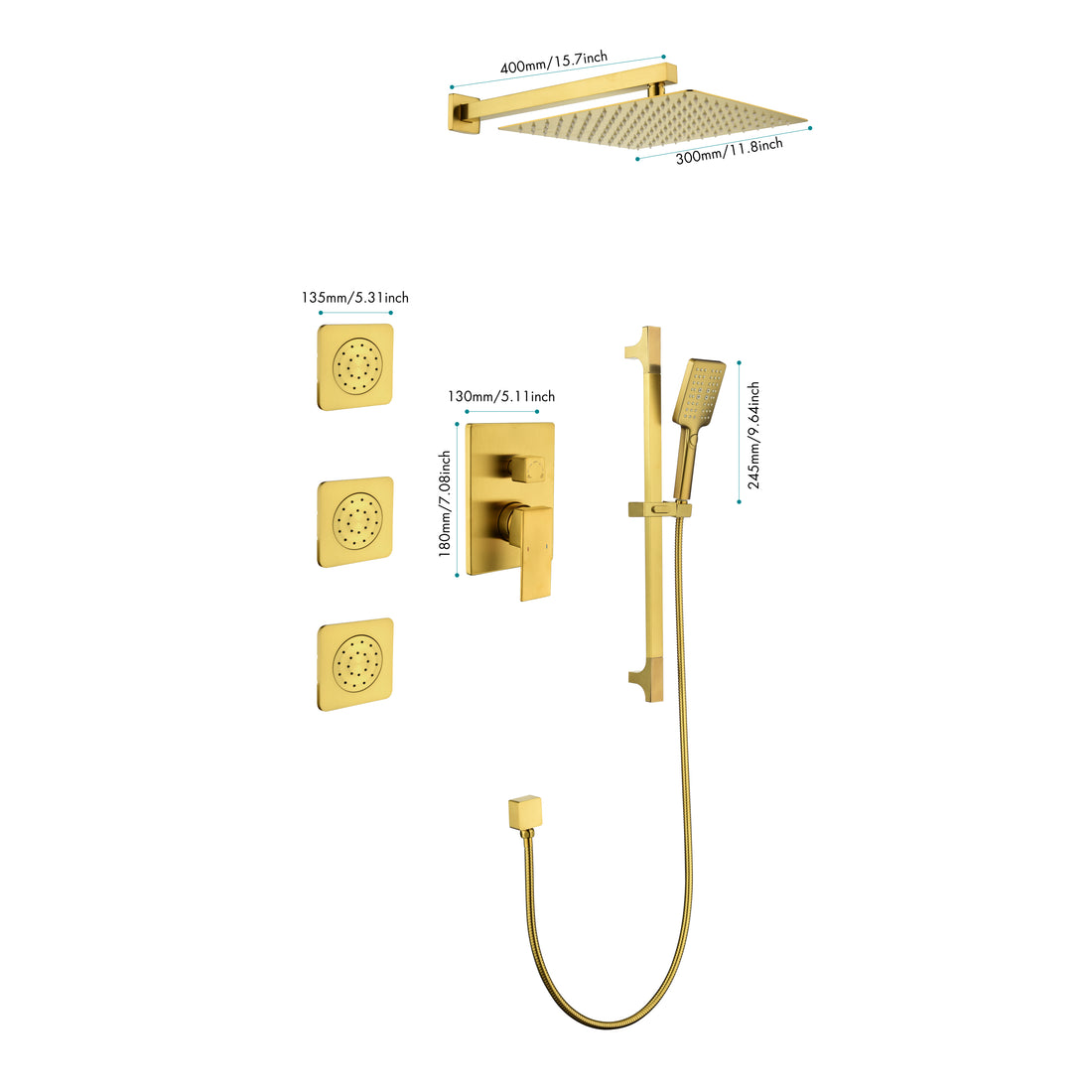 Wall Mounted Shower System In Brushed Gold With Shower Head, Handheld Shower, 3 Body Jets Brushed Gold Modern Brass Brass