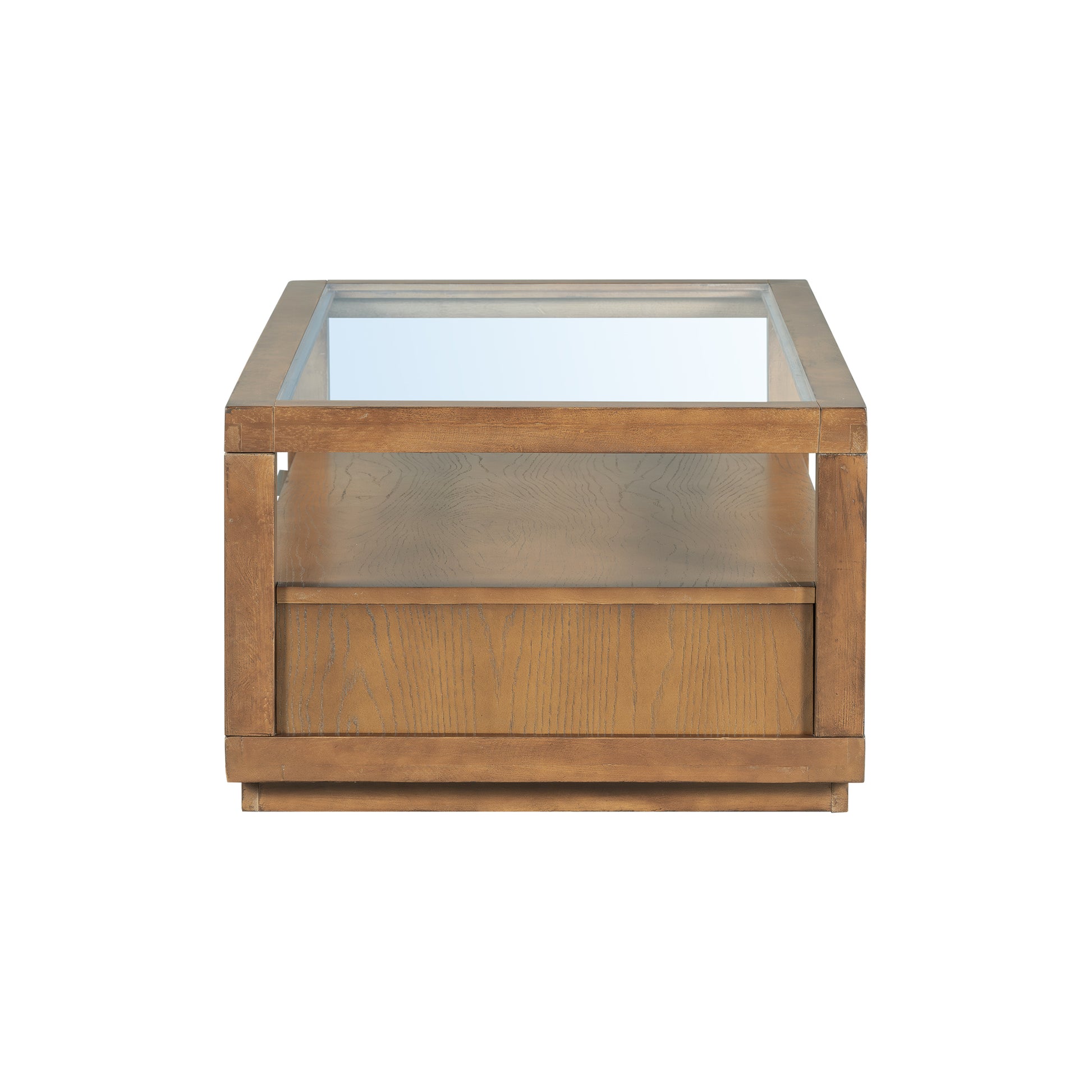 Modern Wood Coffee Table With 2 Drawers ,Minimalist Display Coffee Table With Transparent Tempered Glass, Open Storage Shelf For Living Room Brown Solid Wood Mdf