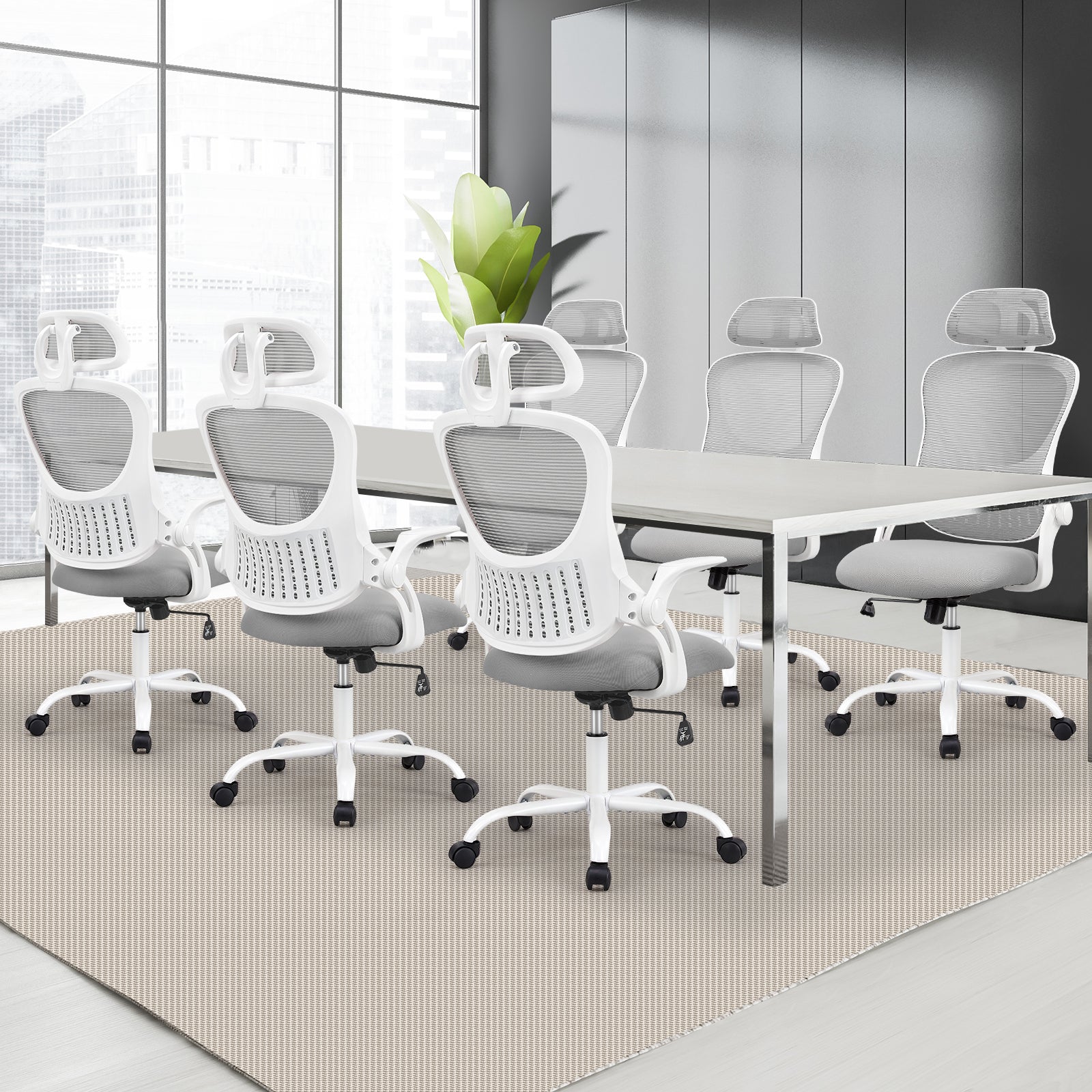 Office Chair, Comfortable Swivel Chair With High Back, Wheels, Adjustable Headrest, Comfortable Lumbar Support, Flip Arm, Pink Grey Stainless Steel