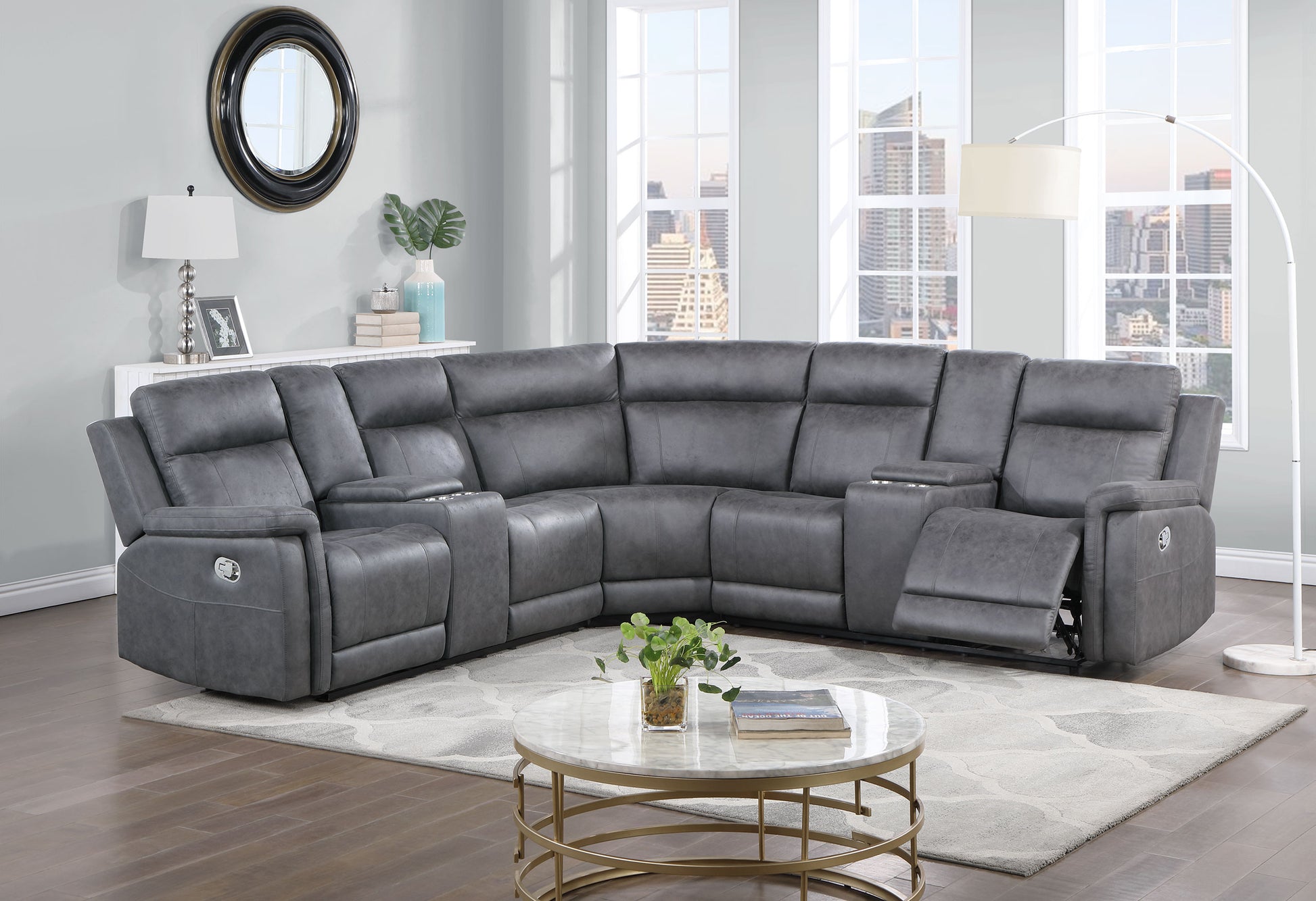 Eco Greige Sectional Gray Fabric 5 Seat