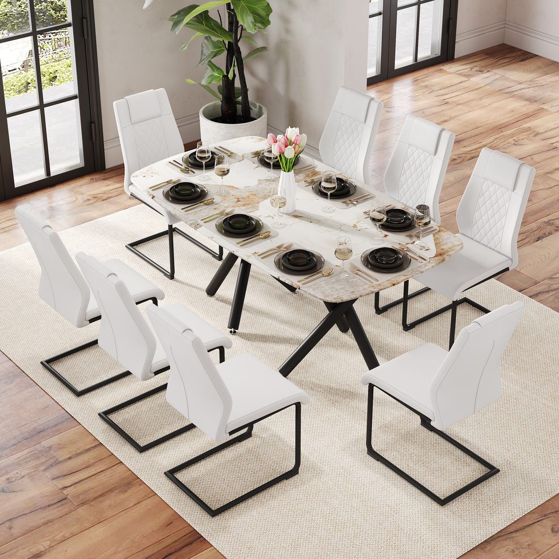 1 Table And 8 Chairs Set.A Rectangular Dining Table With A 0.39 Inch Imitation Marble Tabletop And Black Metal Legs.Paired With 8 Chairs With Pu Leather Seat Cushion And Black Metal Legs.F 1538,C 001 White Black Glass Metal