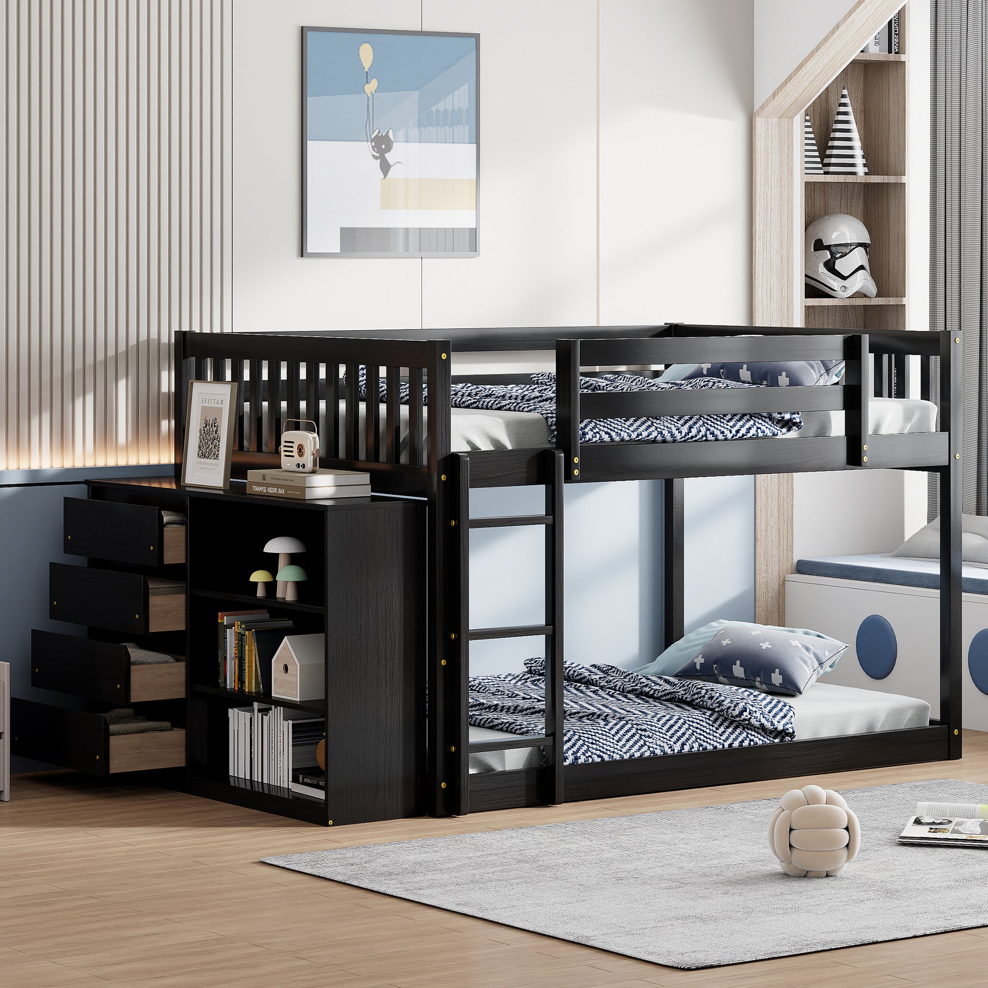 Full Over Full Bunk Bed With 4 Drawers And 3 Shelves Espresso Full Espresso Solid Wood