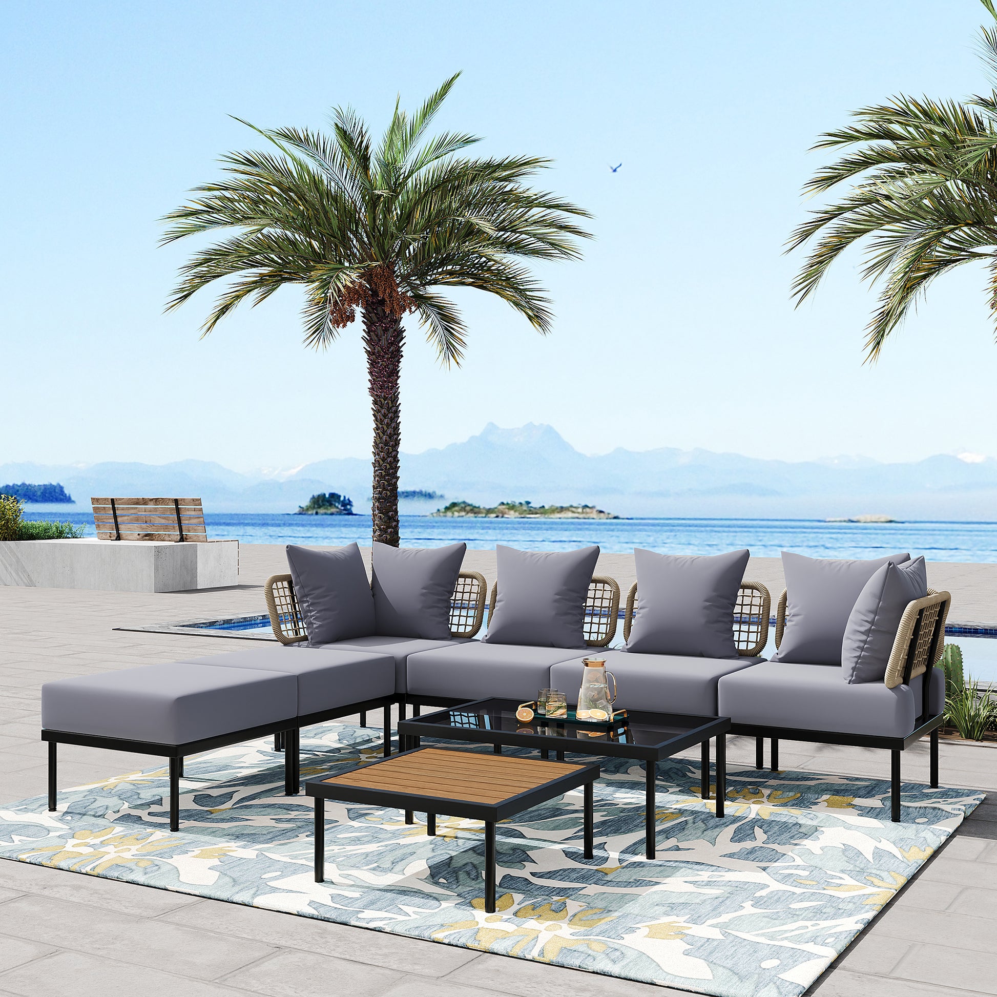 8 Piece Patio Sectional Sofa Set With Tempered Glass Coffee Table And Wooden Coffee Table For Outdoor Oasis, Garden, Patio And Poolside Light Grey Cushion Black Steel Light Grey Iron