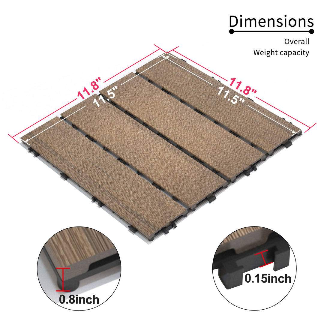 Patio Floor Tiles Pack Of 22 Wpc Wood Plastic Composite Patio Deck Tiles Diy Interlocking Decking Tiles, Quick Deck Floor Tile, Court Tile, Water Resistant Indoor Outdoor 11.8" Oak Oak Plastic