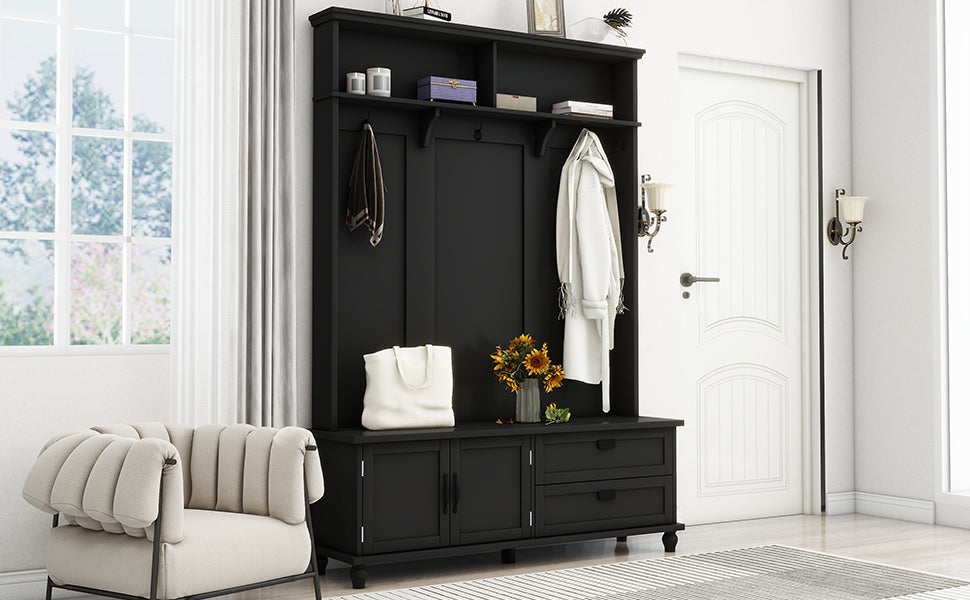 Modern Style Hall Tree With Storage Cabinet And 2 Large Drawers, Widen Mudroom Bench With 5 Coat Hooks, Black Black Primary Living Space Particle Board