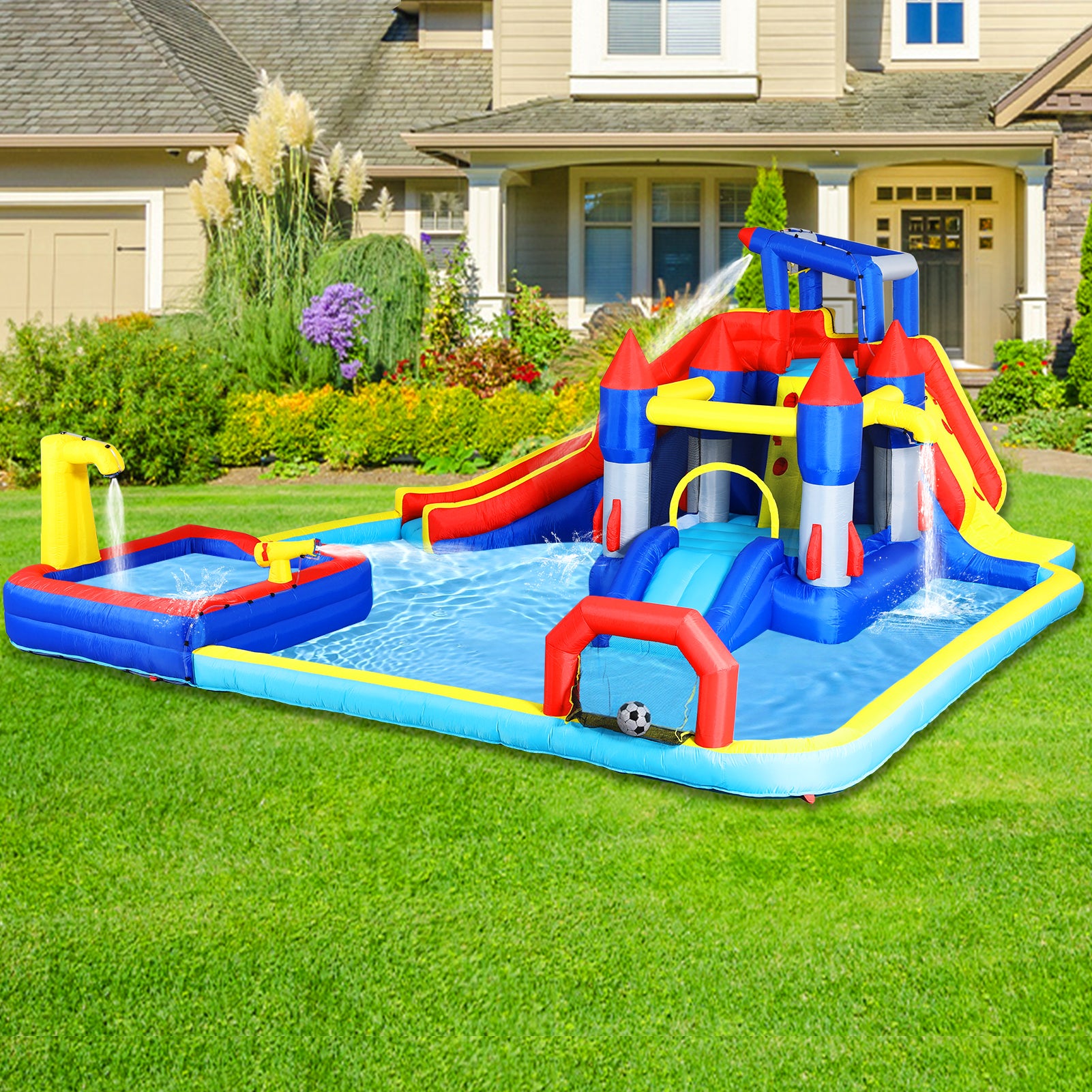 10 In1 Inflatable Slide Water Park Bouncing House Garden With Splash Pool & Water& Basketball & Climbing Wall & Dual Pools & Soccer Multicolor Oxford Fabric